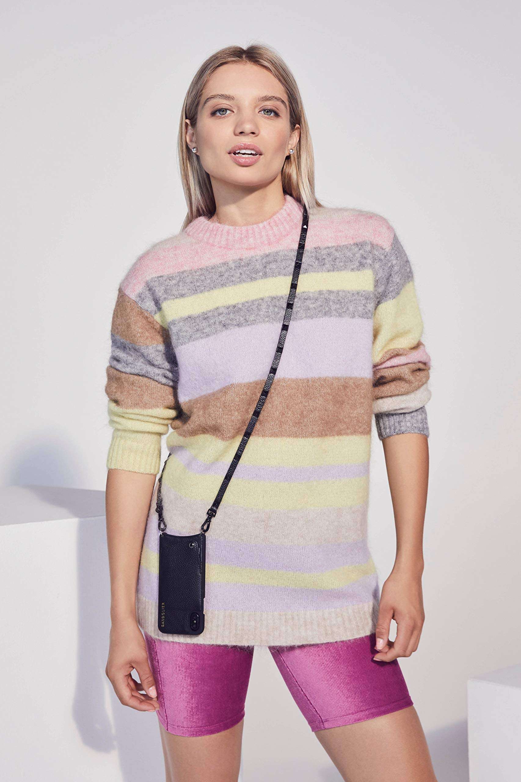 Bandolier Sarah Crossbody Phone Case and Wallet - Black Leather with Pewter Detail - for iPhone Plus 2