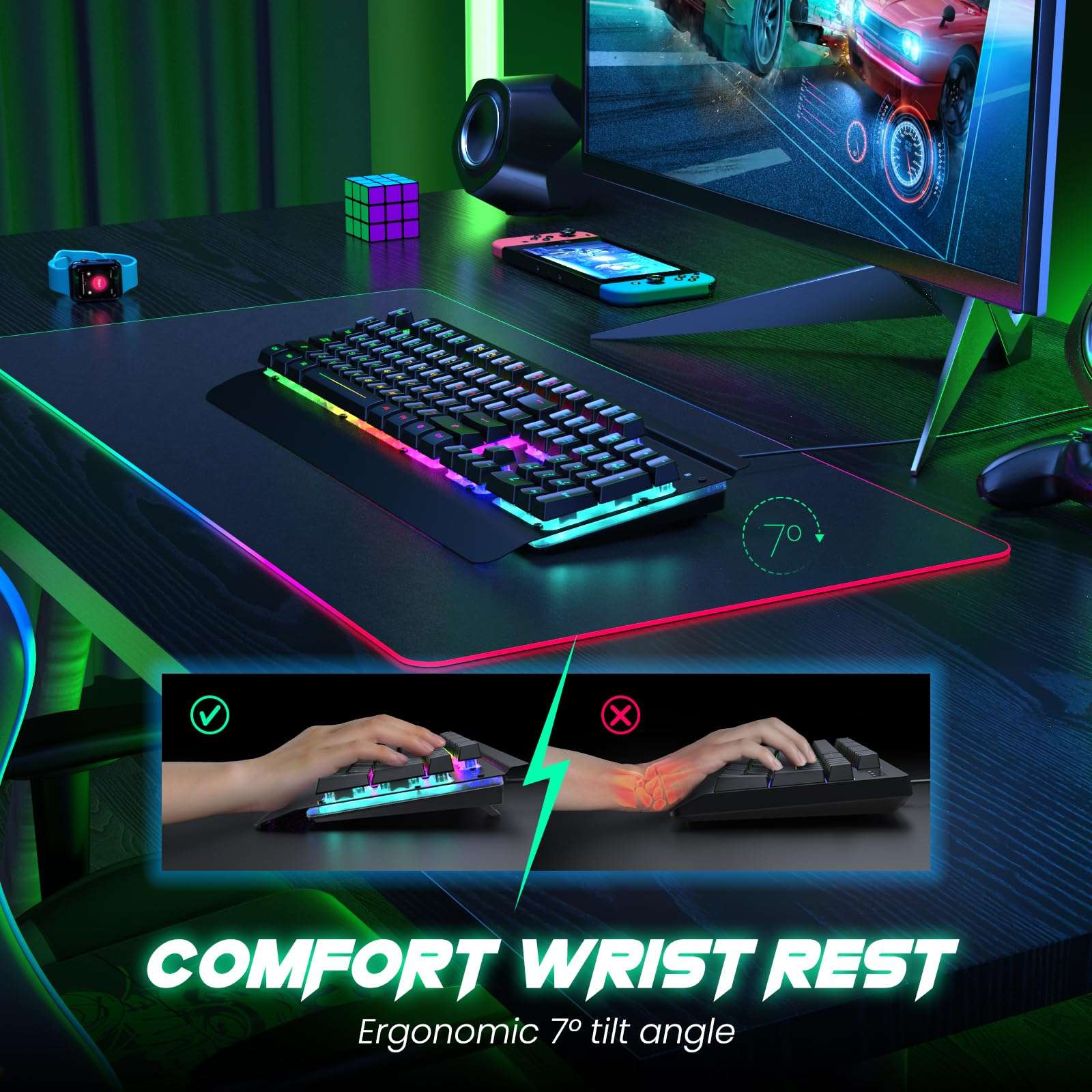 RisoPhy RGB Gaming Keyboard, 7 Single Color Backlits, 104 Keys Metal Panel Computer Keyboard,Silent Keys, Wrist Rest, Full Size Waterproof Light Up Wired Keyboard for PC Laptop Mac Gamer 5