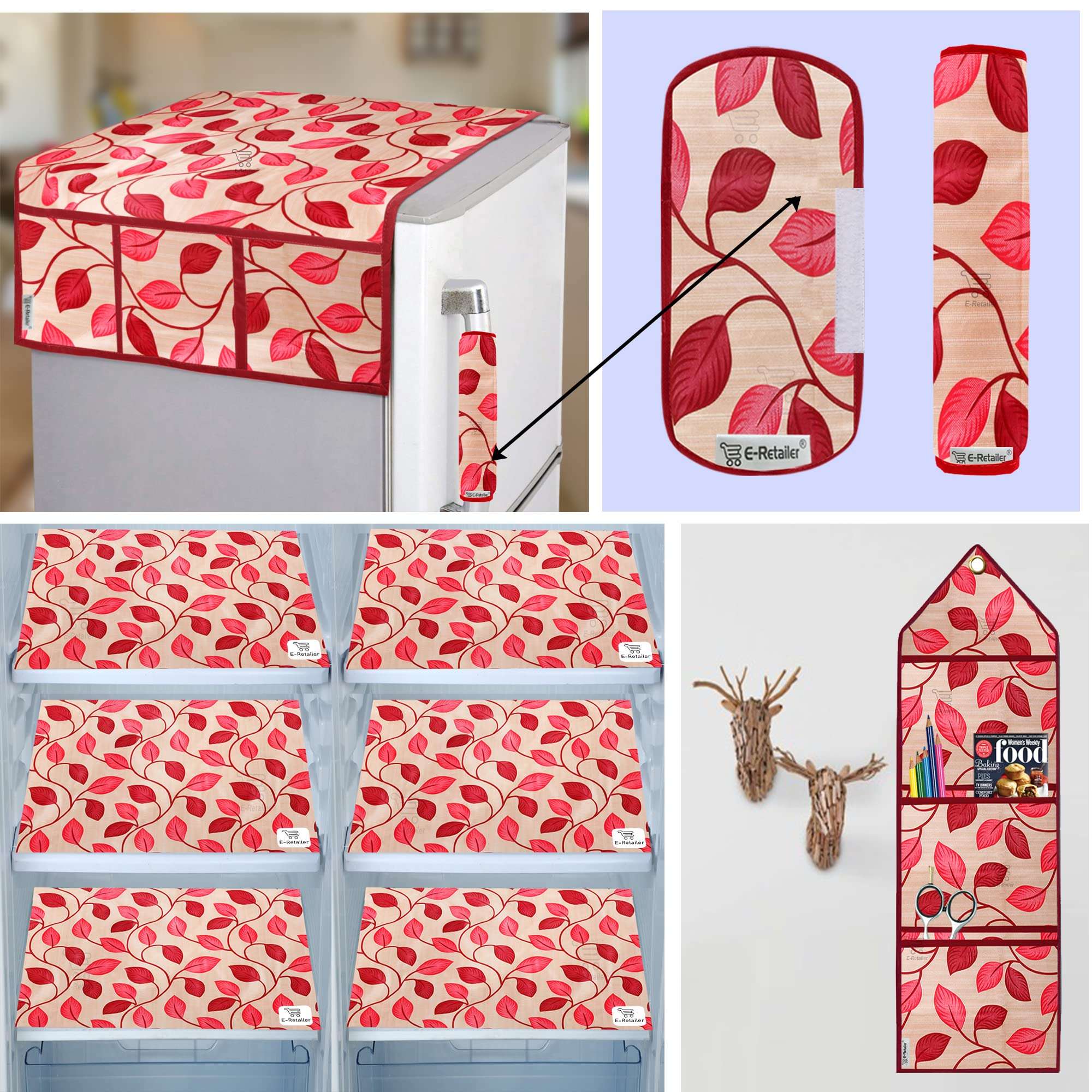 E-Retailer® Exclusive Combo Set of Appliance Cover (1 Pc. Refrigerator Top Cover, 2Pc. Handle Cover, 6 Pc. Fridge Mat, 1Pc Wall Hanging Storage Oarganizer) (Geometric Brown, Set of 10 Pcs.) 1