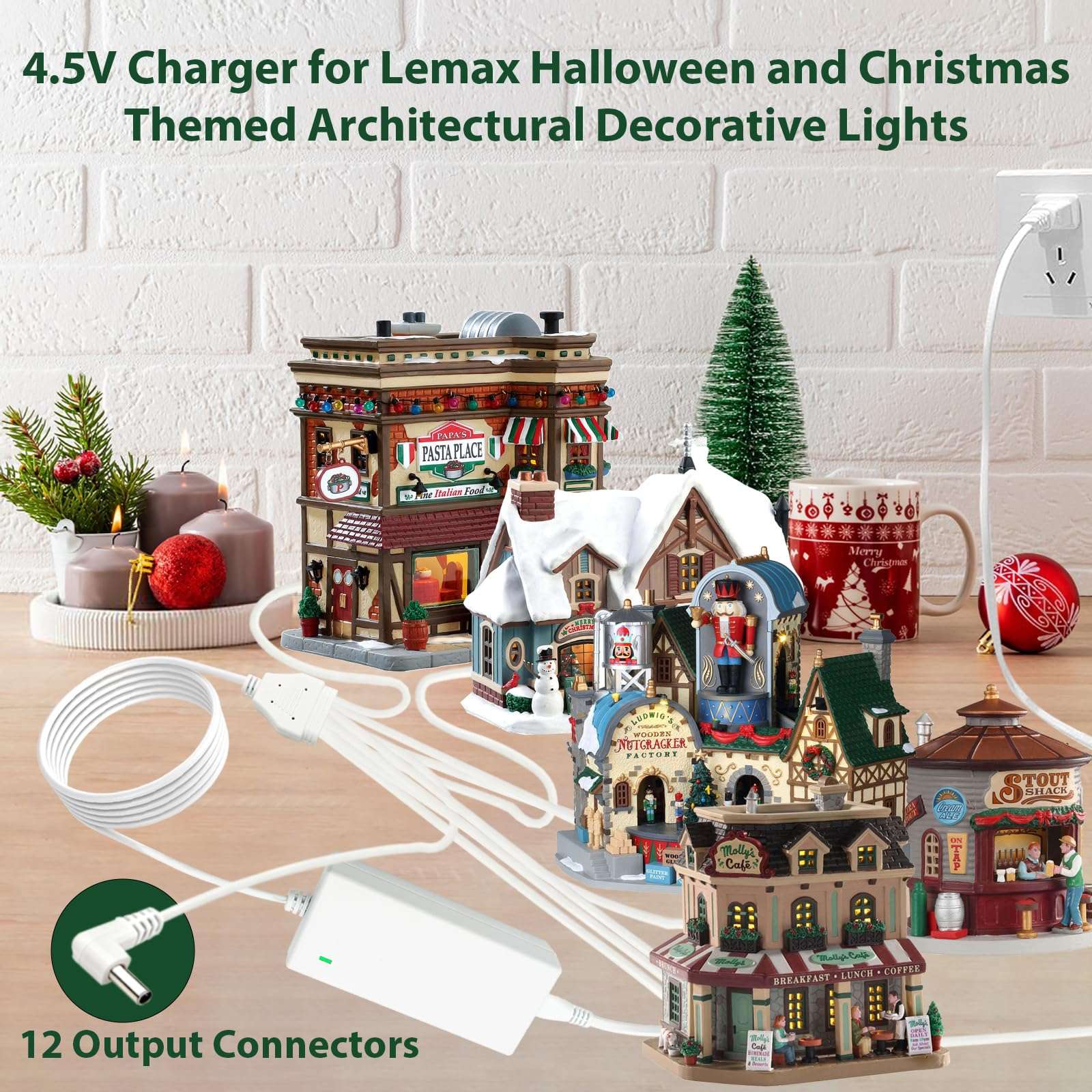 4.5V Power Adapter for Lemax Lighted Accessory 94566 94563 94564 94565 74295 74269 74707 84428 44242 Christmas Halloween Village Lights Micro Lighting Building Decor(12 Output White) 4