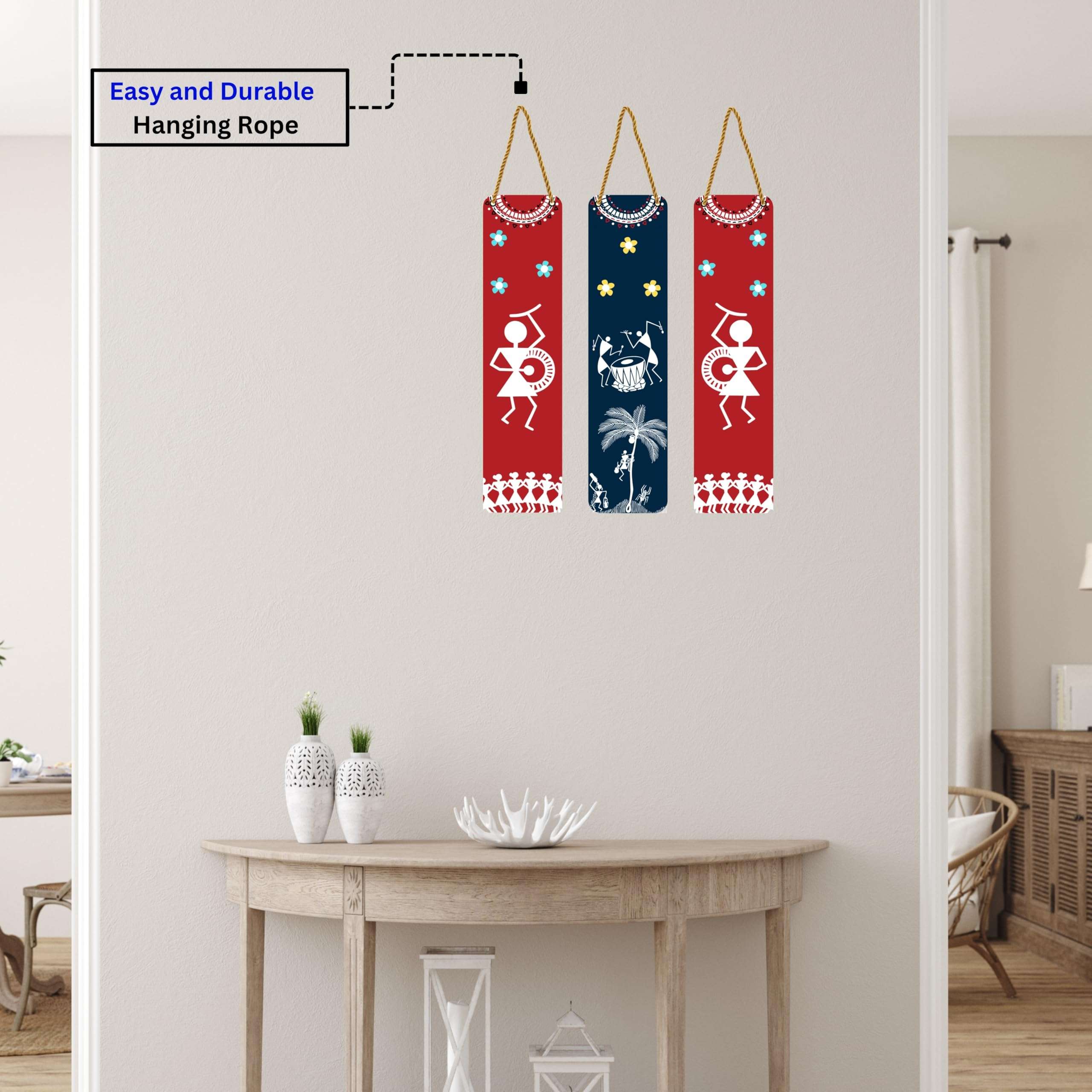 Karni Art - Traditional Warli Art Wooden Wall Hangings | Tribal Dance Design | Perfect Decorative item for Living Room, Bedroom, or Hotel | Ideal Gift for Home Decor Set of 3 6