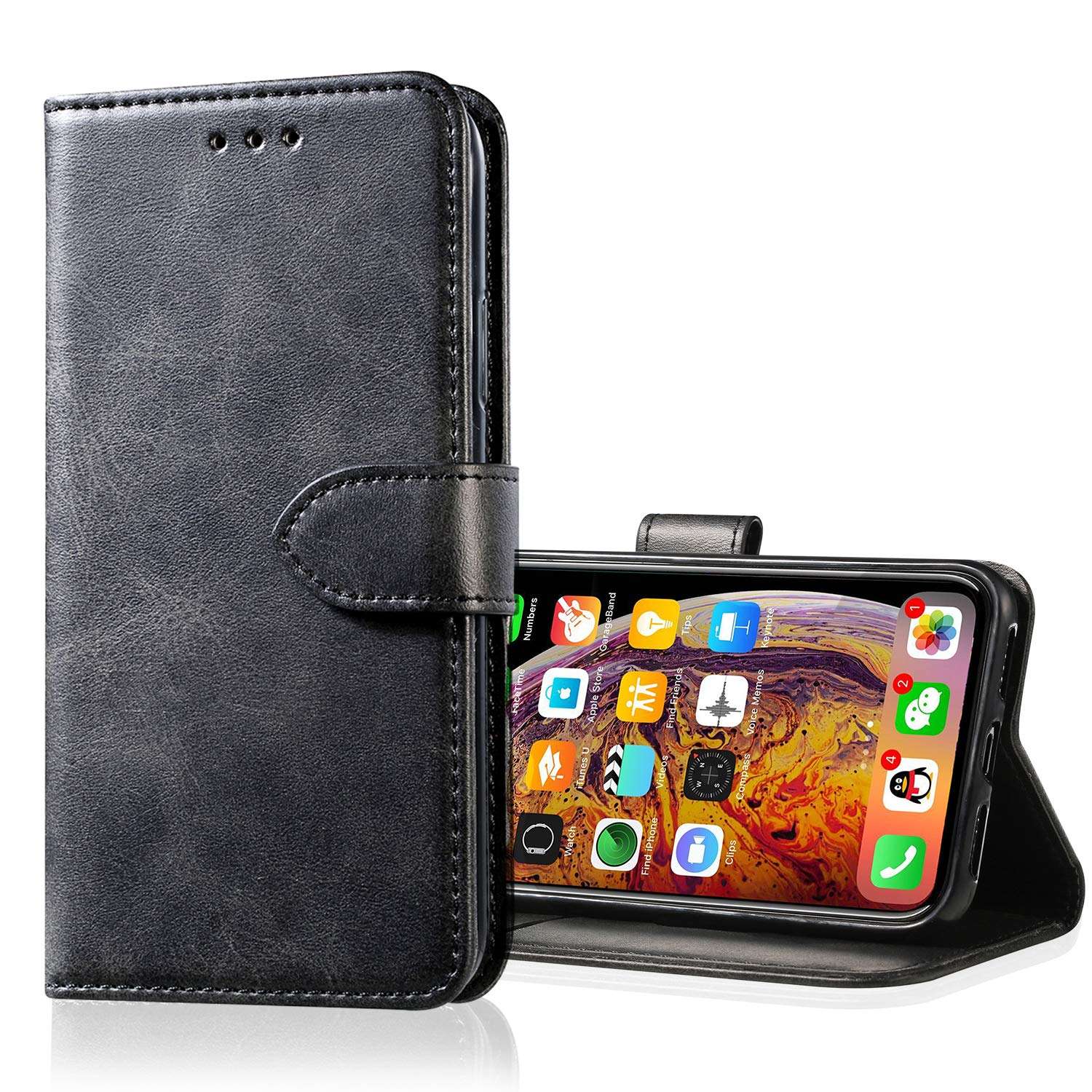 Yonader Apple iPhoneX/Xs Leather Case,Leather Wallet Case [Kickstand] [Card Slots] [Magnetic Closure] Flip Notebook Cover Case for Genuine Apple iPhone X/Xs (Black) 1