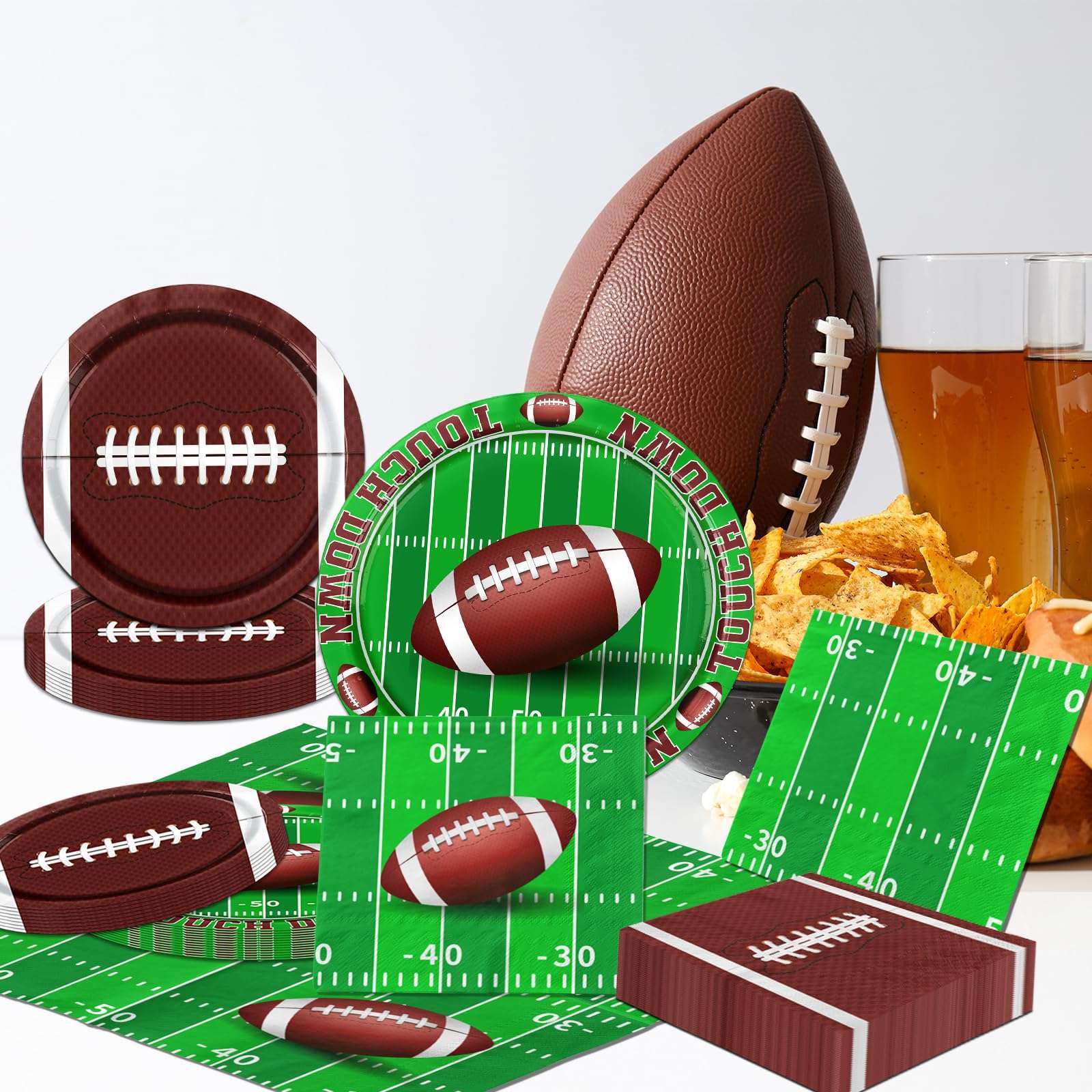Football Party Decorations,100pcs Football Paper Plates and Napkins Tableware Includes Touchdown Plates and Football Napkins for Gameday Tailgate Party Football Themed Party Decorations,Serve 25 5