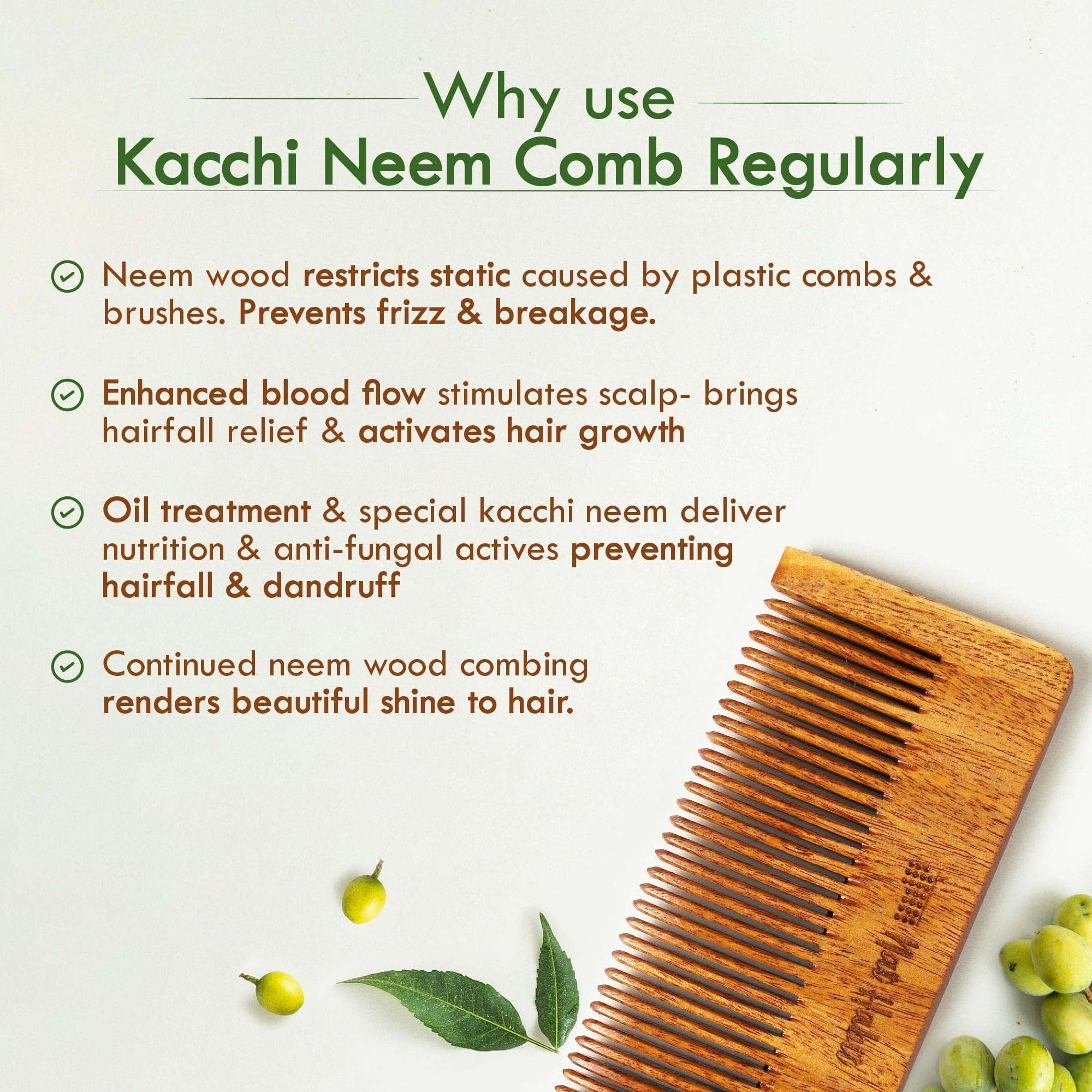 Nat Habit Kacchi Neem Wooden Comb, Soaked In 13 Herbs, Neem & Sesame Oil For Men & Women Daily Styling & Detangling (Fine Tooth Large Size) Pack of 1 6