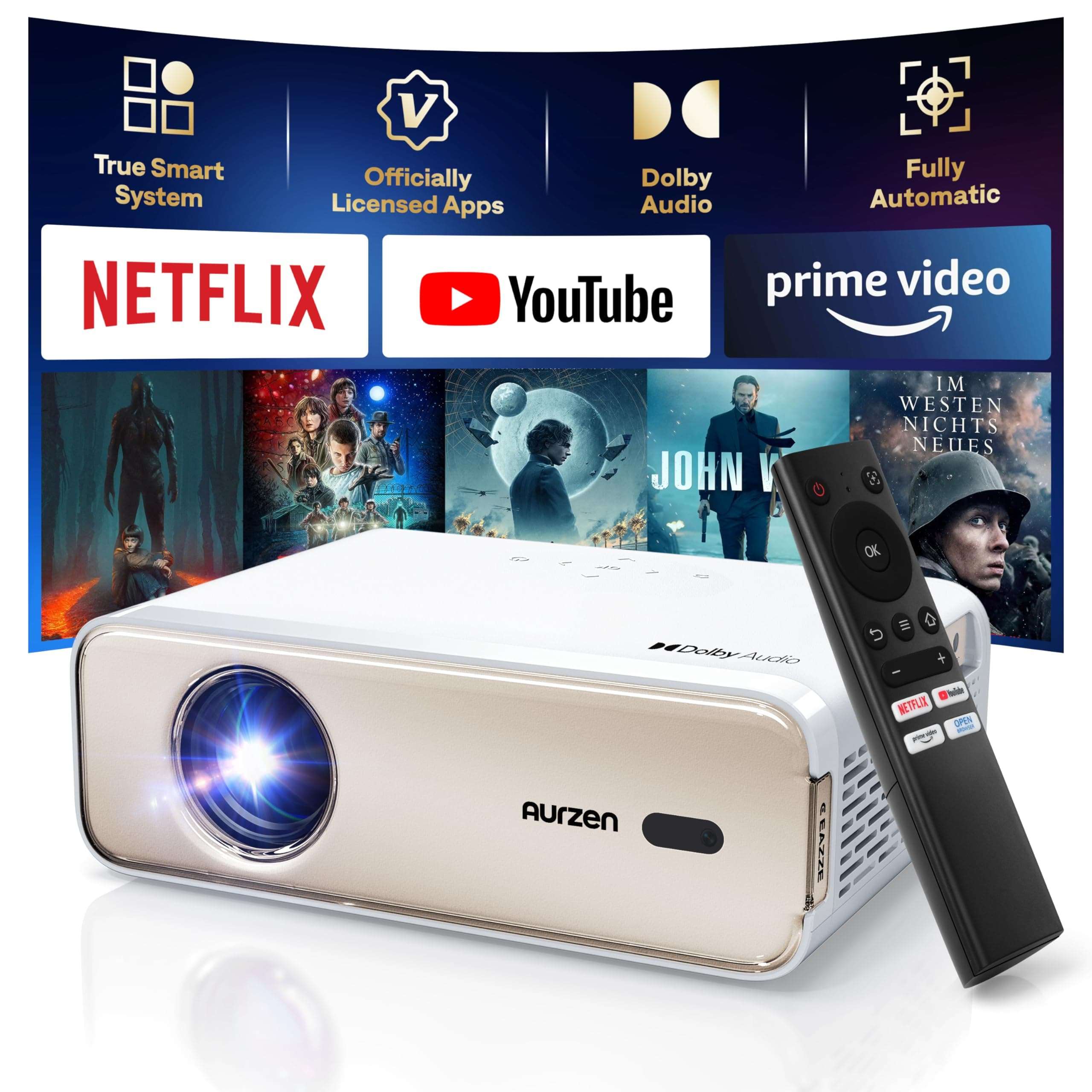 Aurzen EAZZE D1 Smart Projector with 360° rotatable 15.75"-47.24" Height Adjustable Floor Stand, DoIby Audio & 36W Speakers, Auto Focus & Keystone, NetfIix Official 350 ANSI movie projector, Gold 3