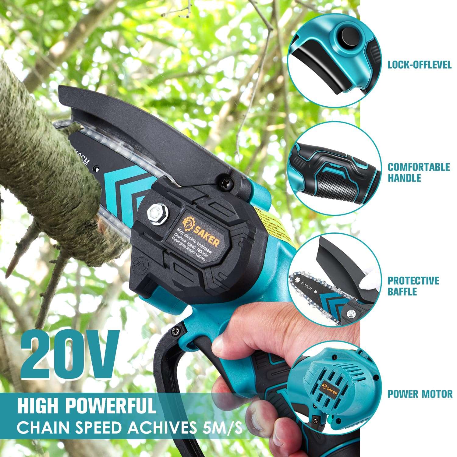 Saker Mini Chainsaw,Portable Electric Cordless Chainsaw,Battery Powered,Small Power Handheld Chain Saws Pruning Shears for Tree Branches,Courtyard and Garden,(2PCS 20VBatteries&3 PCS Chains Blue) 5