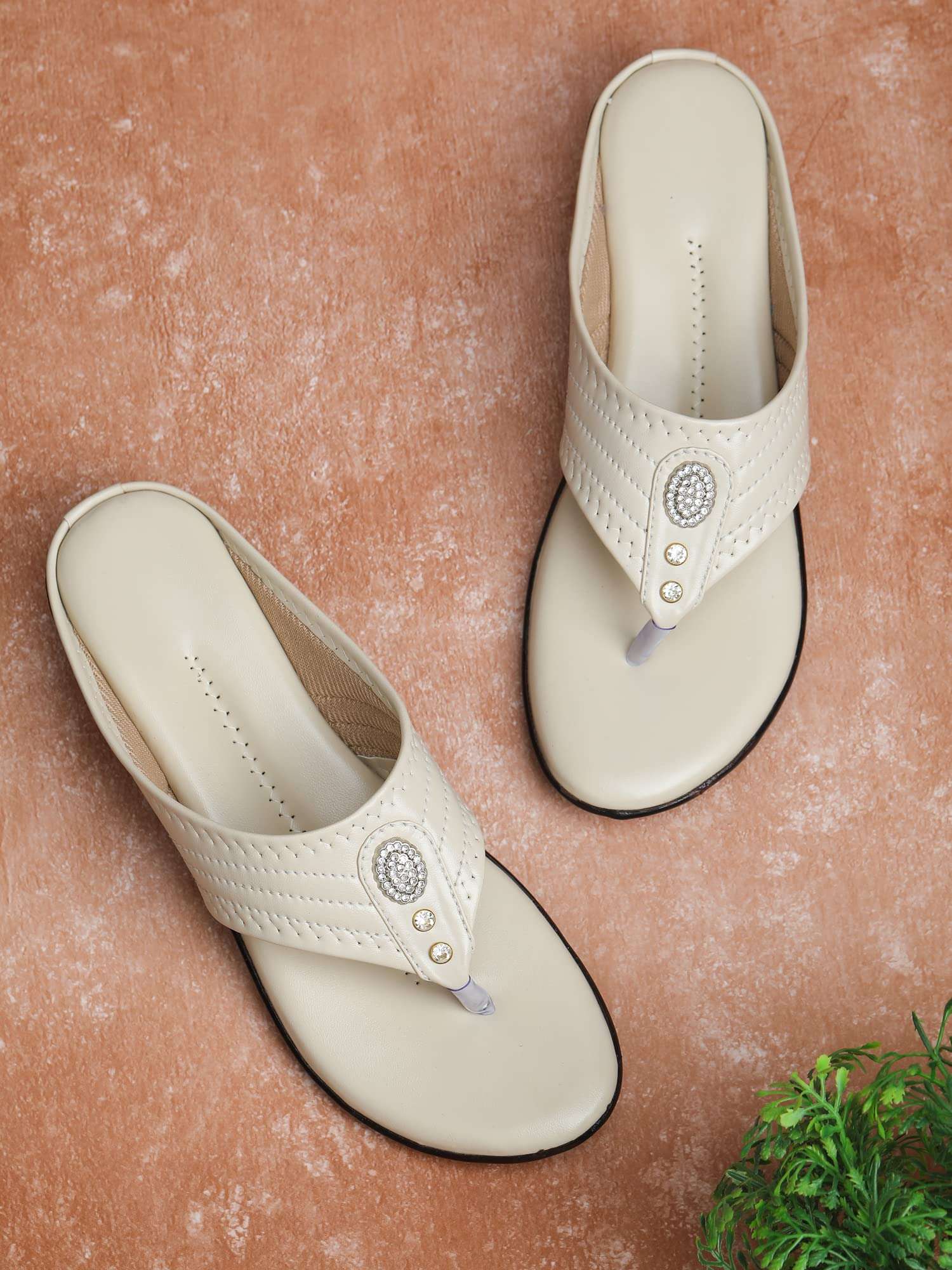 Bootco Flat Slippers For Women Girls Casual Flats Wedges Cream Color Cushioned Bottom (913) 2