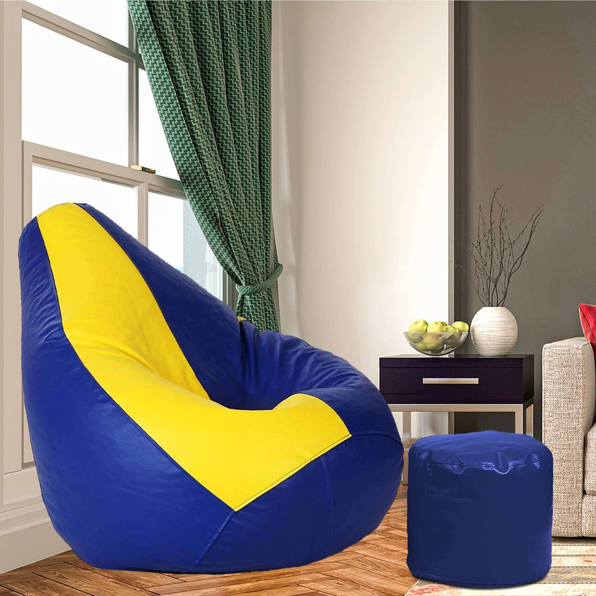 LEXAVI Brand - Beanbag with Footrest Combo Filled with Beans/ fillers Size XXXL- (Blue Yellow)