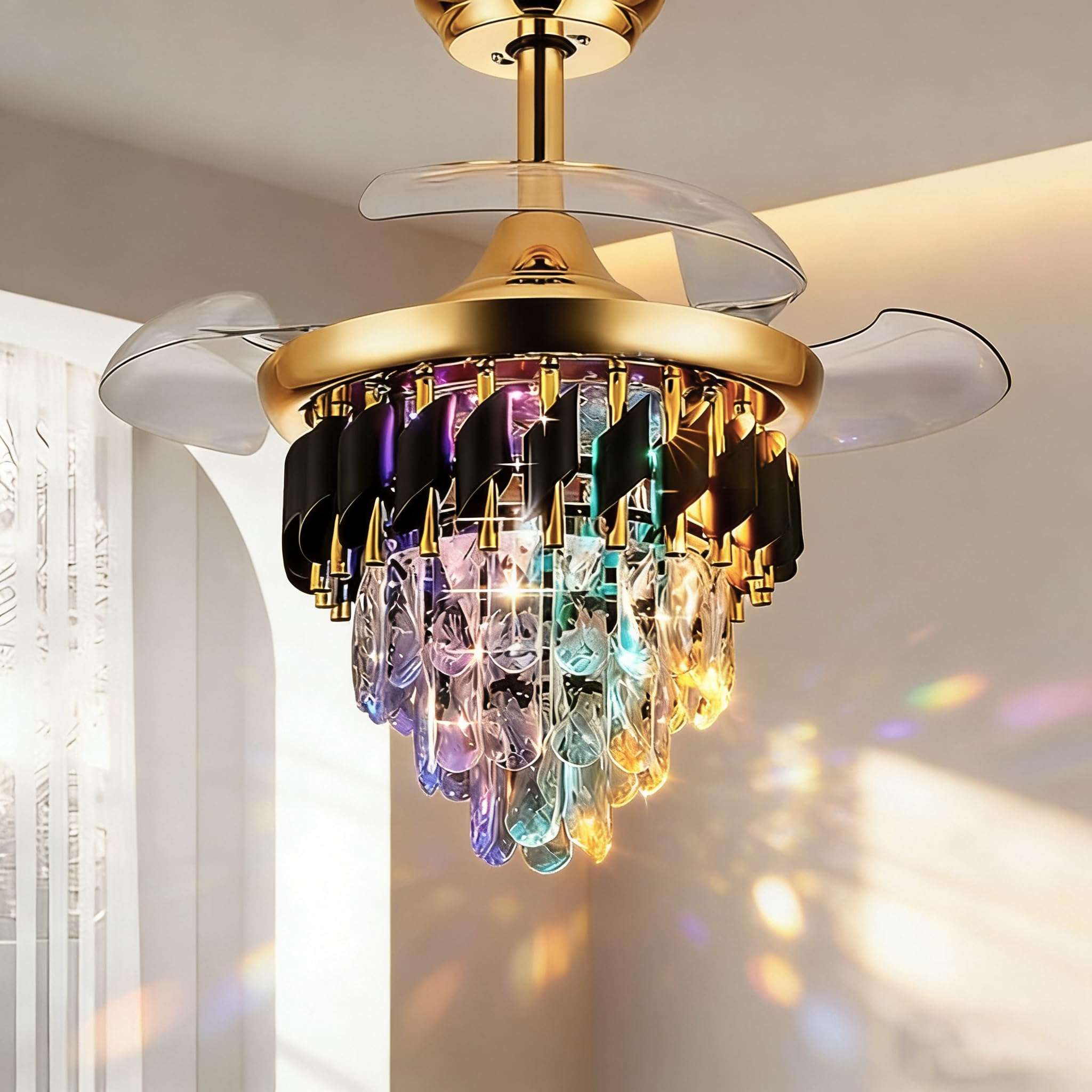 LumZeylith 30" Retractable Crystal Ceiling Fan with Light, RGB Modern Chandelier Fan 6 Speeds Reversible Blades Gold 1