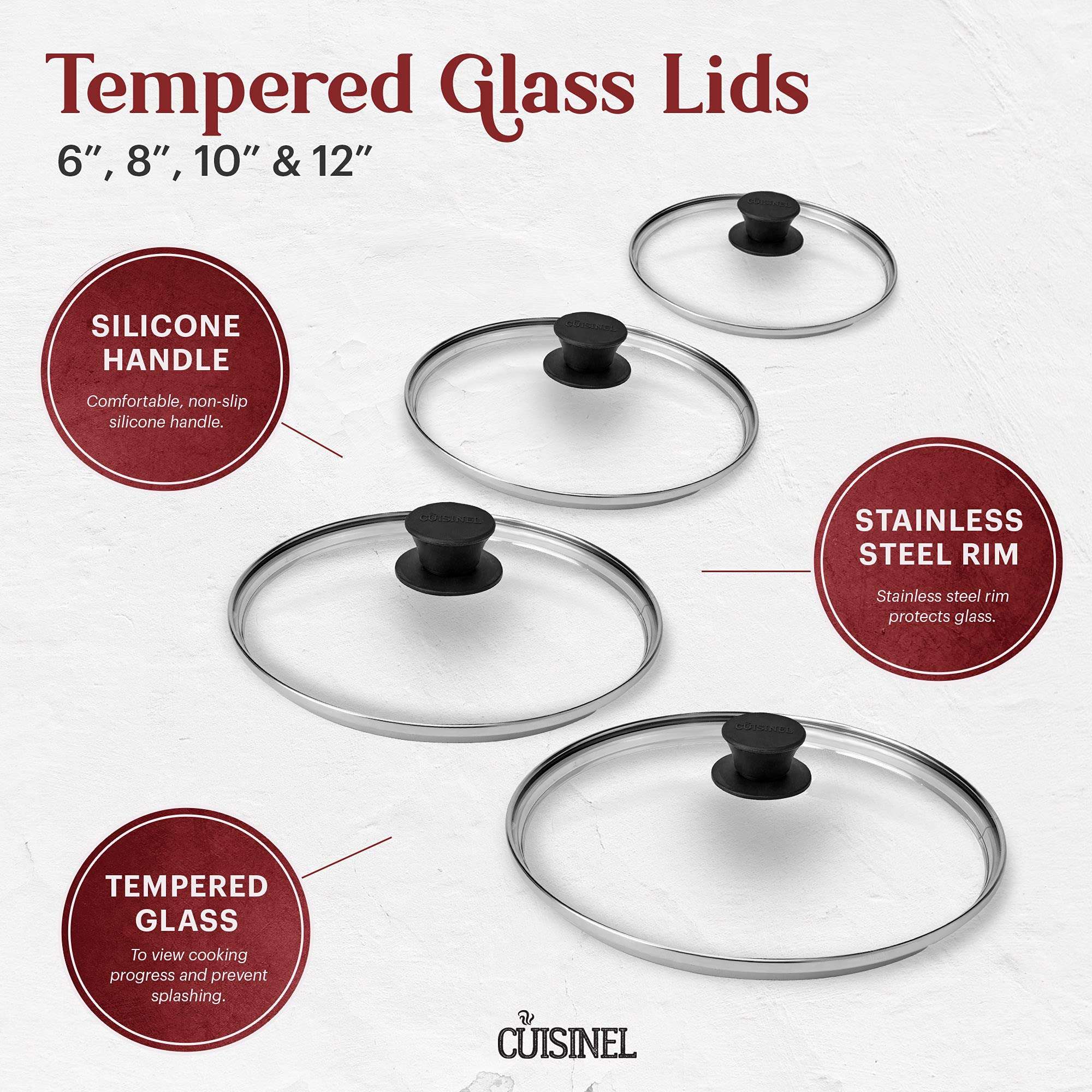 Cuisinel Cast Iron Skillets Set - 6"+8"+10+12"-Inch + Glass Lids + Silicone Handle Holder Cover Grips - Pre-Seasoned Frying Pan - Oven Cookware - Use Indoor/Outdoor, Grill, Stovetop, Fire 4