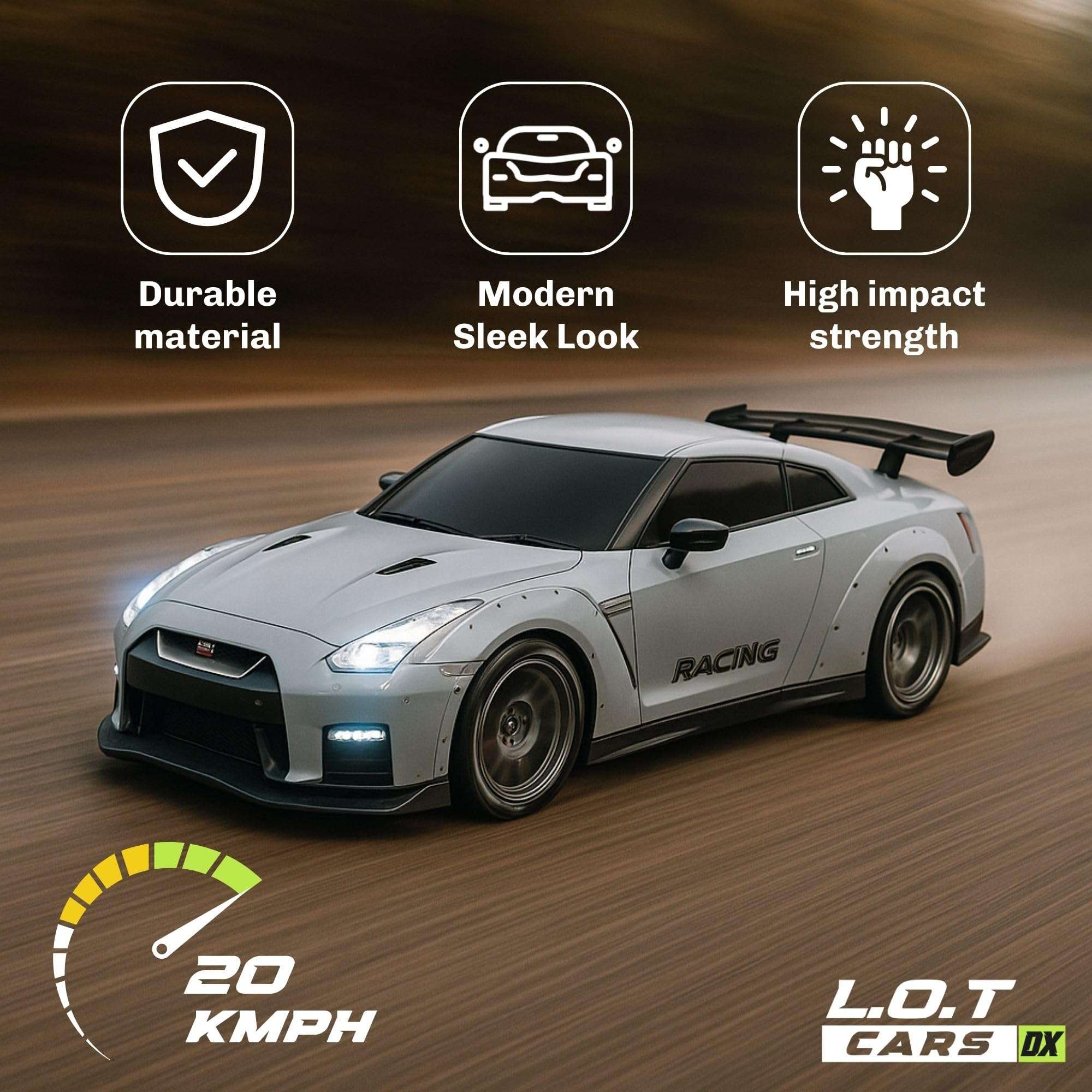 L.O.T TOYS Flare Remote Control Car | 20Kmph, 2.4Ghz | Rc Drifting Car, Rc Car, Birthday Gift, 4 Wheel Drive, Boost Mode, Long Range Remote, Hard Plastic Top with LED Head Light (Race Grey) 4