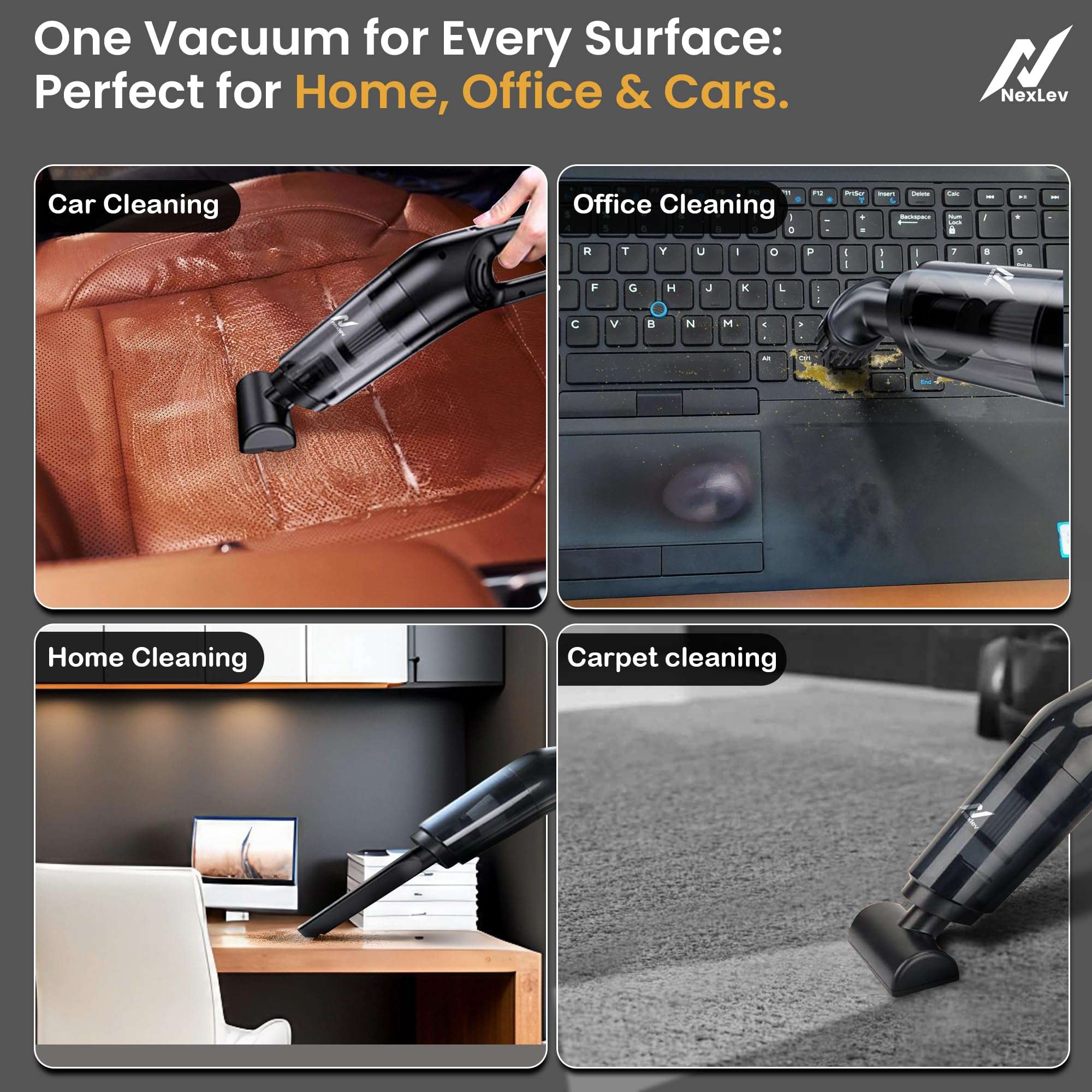 NexLev Cordless Vacuum Cleaner|HEPA with Stainless Steel Cover|6000 mAh|Copper Motor| Rechargeable Type C|Ideal for Home, Office & Car Use|Compact & Portable|Dust & Pet Hair Remover|3 Attachment|VC-02 4