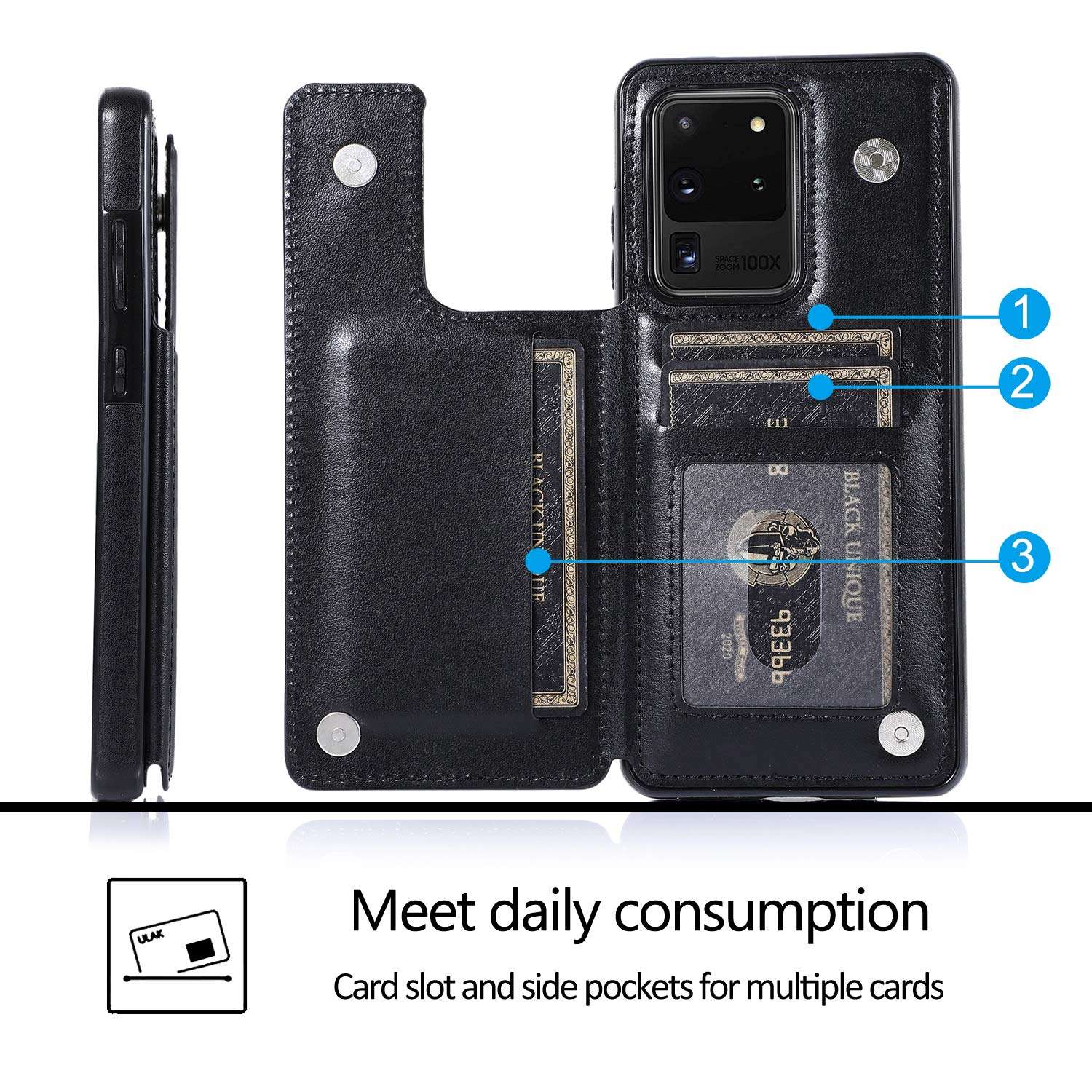 FengXinZi Compatible with Samsung Galaxy S20 Ultra/5G 2020 Wallet Case with Card Holder, Premium PU Leather Kickstand Credit Card Slots Anti-Scratch Shockproof Protective Magnetic s20ultra5g Black 2