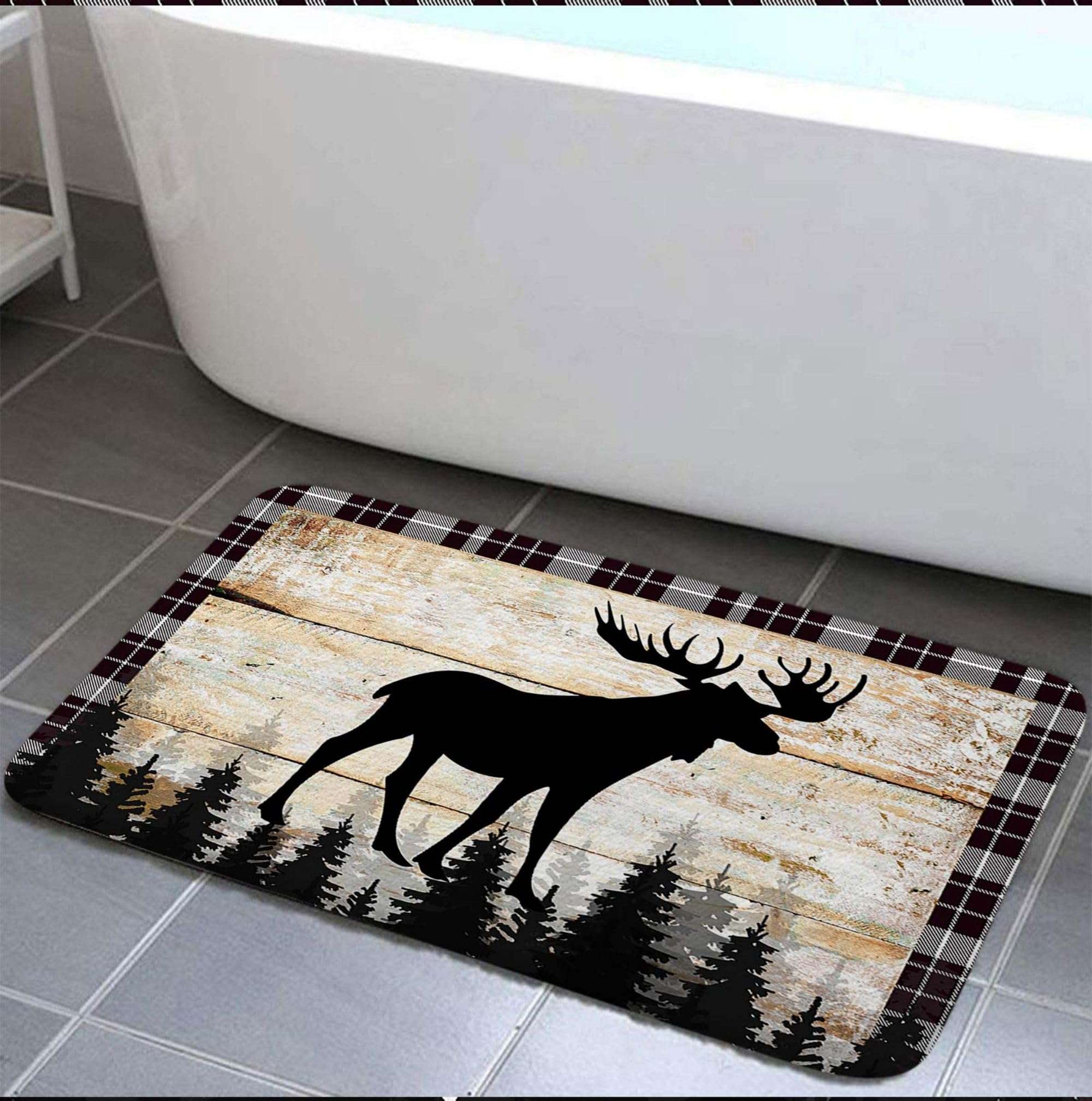 NYMB Rustic Cabin Bath Rug Set, Farmhouse Country Antique Moose Forest Vintage Wood Decor Non Slip Bath Mats Set,Hunting Camping Bath Rug Sets for Bathroom Bedroom Kitchen Outdoor Indoor, 17x29 3