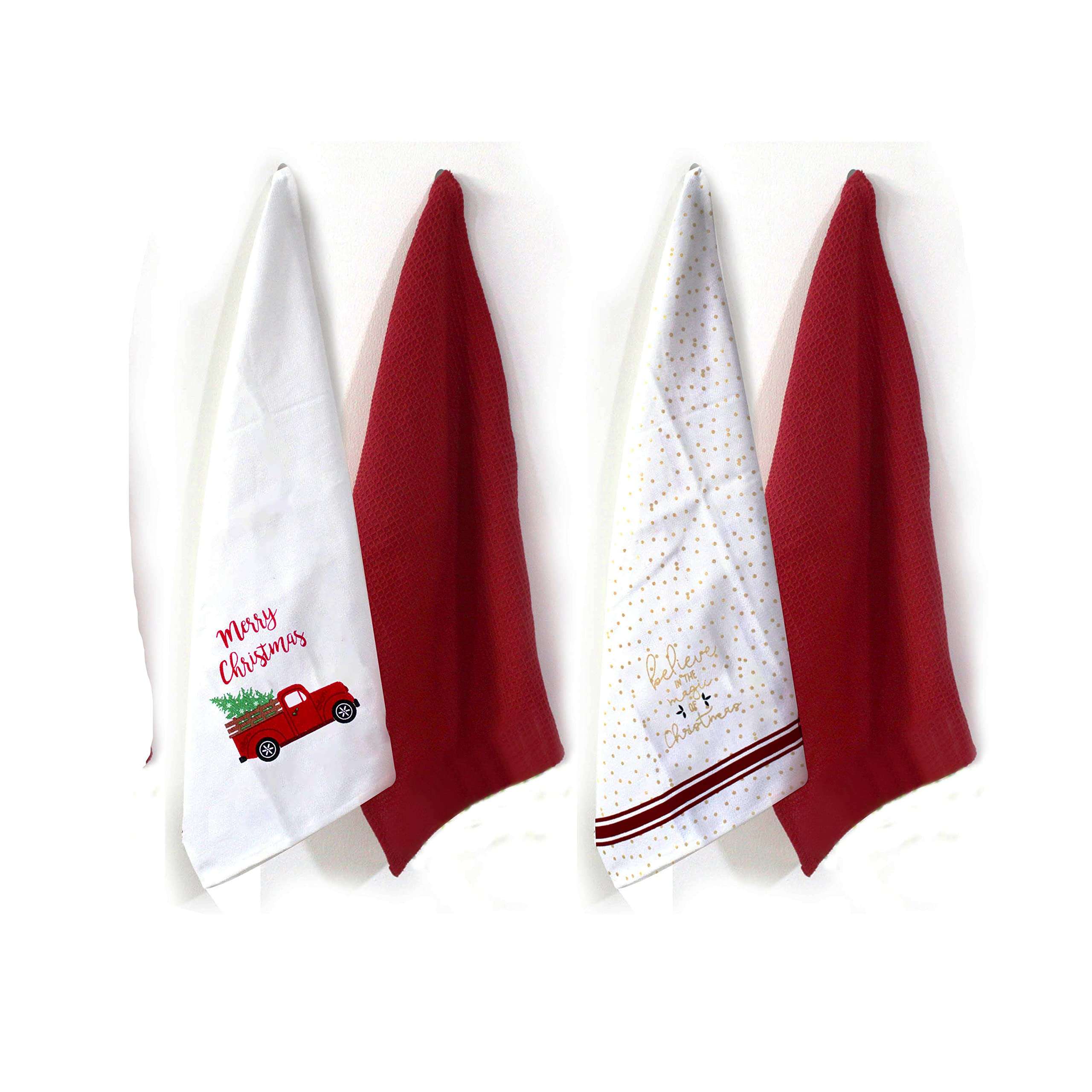 J HOME Pure Cotton Towel-White and RED WAFFEL-Pack of 4-Multipurpose