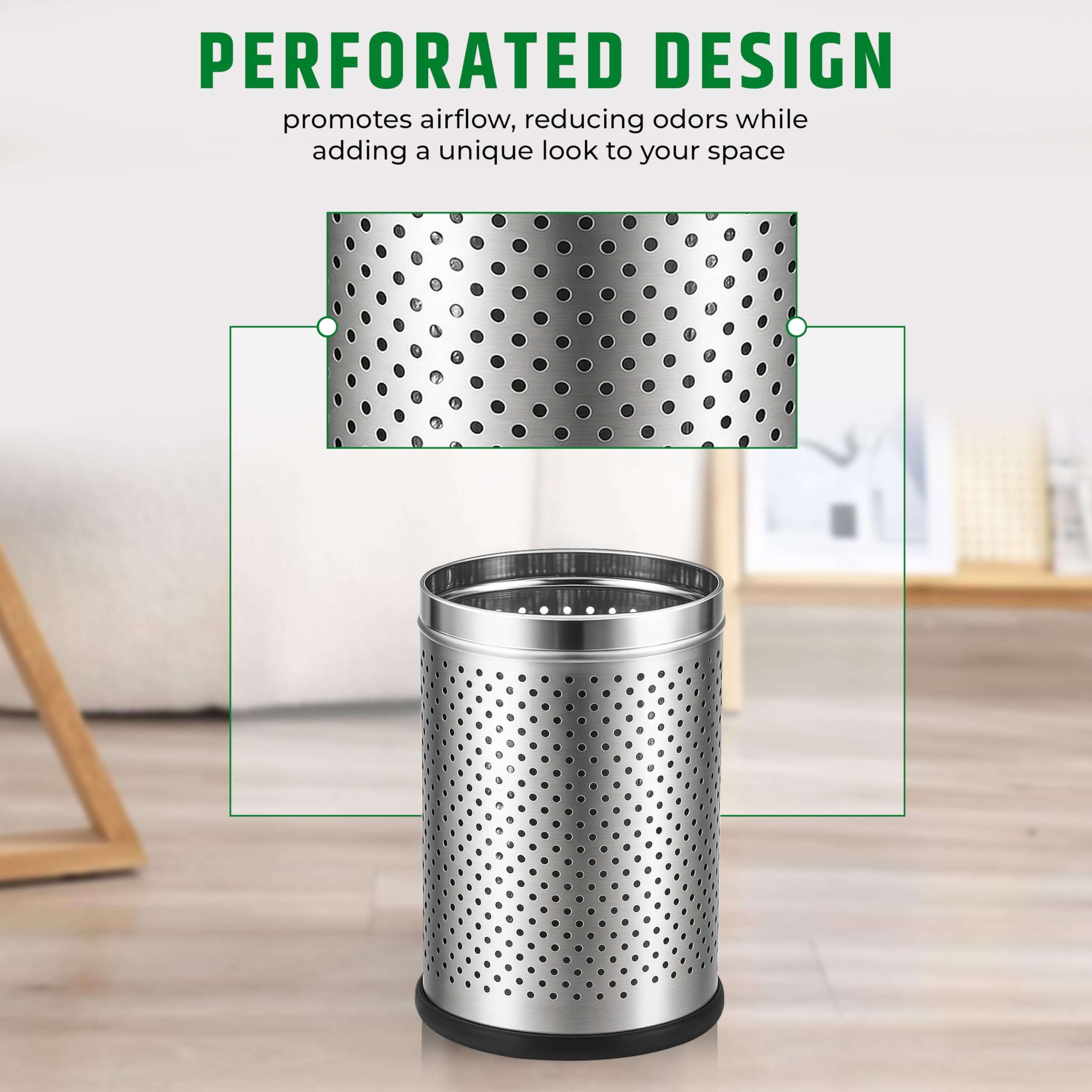 Robustt Stainless Steel Perforated Design Open Top Dustbin - 10L | 8 Inch (W) x 12Inch (H) Silver Trash Can with Anti-skid Base | For Bathroom, Bedroom, Kitchen & Toilet or Commericial Use - Pack of 1 5