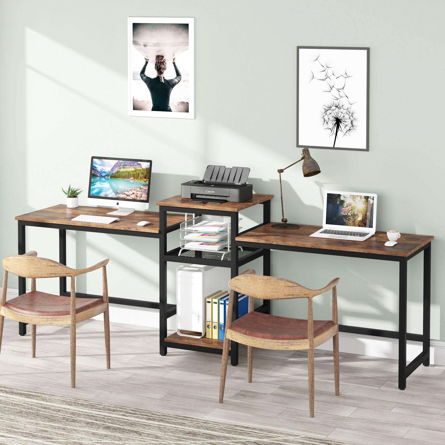 Tribesigns 96.9" Double Computer Desk with Printer Shelf, Extra Long Two Person Desk Workstation with Storage Shelves, Large Office Desk Study Writing Table for Home Office (Light Brown) 2