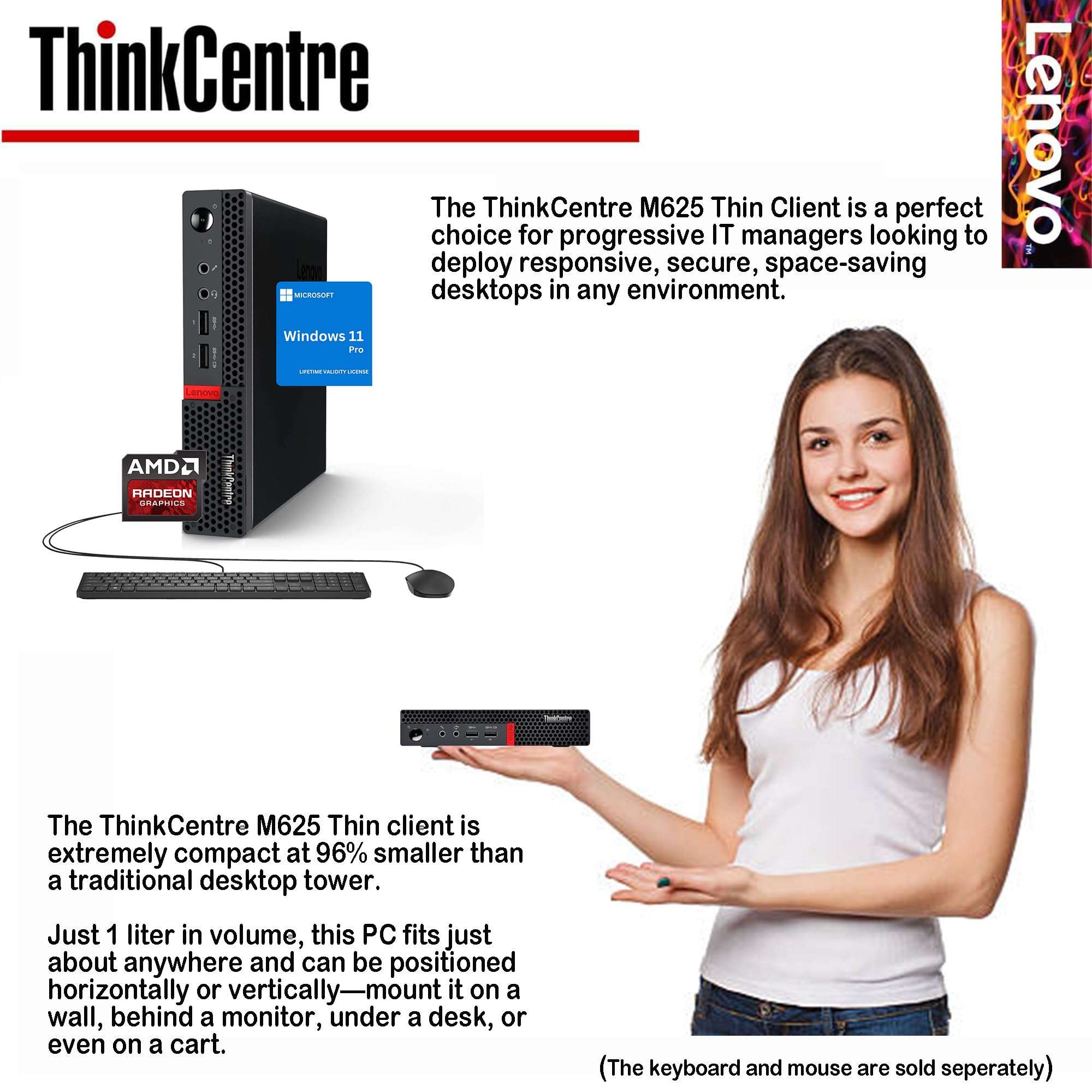 Lenovo ThinkCentre Micro Computer, AMD CPU, Dual-Display Support, Wi-Fi, Bluetooth, USB Ports, Ethernet Port, w/o Keyboard&Mouse, Windows 11 Pro, for Business&Home (16GB RAM & 512GB SSD) 3