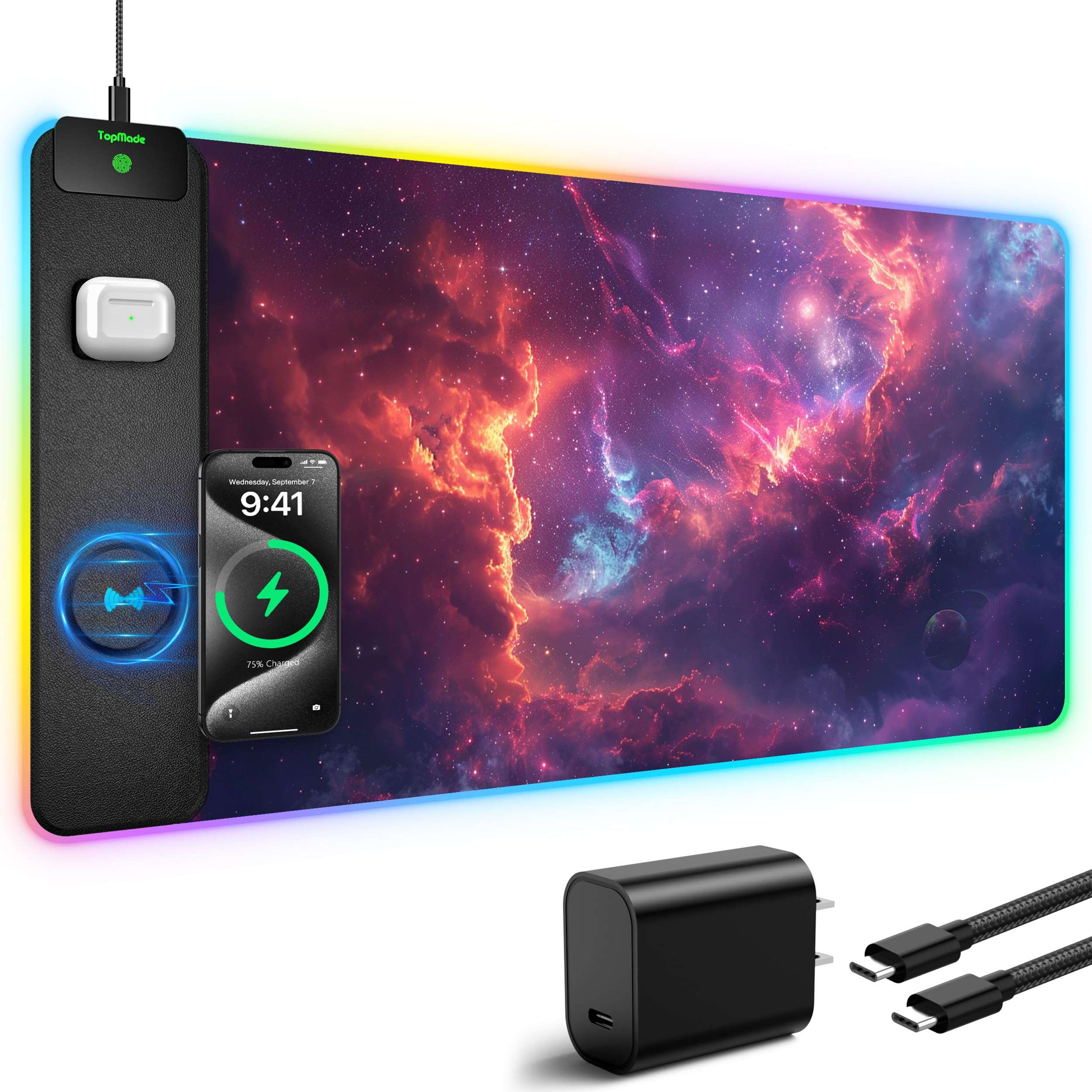 TopMade Wireless Charging Mouse Pad, RGB Gaming Mousepad Home Office Desk Pad, 31.5” x 15.8” Large Desk Mat, Waterproof Keyboard Pad, Galaxy Nebula (Includes 20W PD Power Adapter & 6.56ft Woven Cable) 3