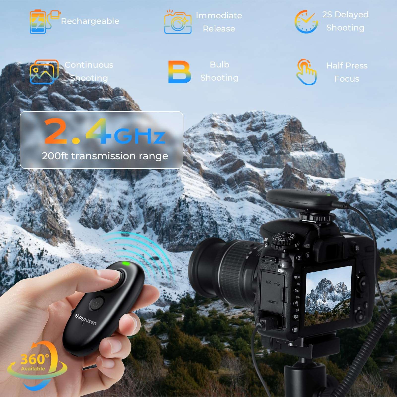 Rechargeable Wireless Camera Remote Control for Canon Rebel T7, R6 Mark II, T6, T5, 850D, R5, R6, R7, R10, R50 V, R100, R3, R5 C, R8, R5 Mark II, R1,1DX Mark III, Upgrade Hanpusen Shutter Release 3