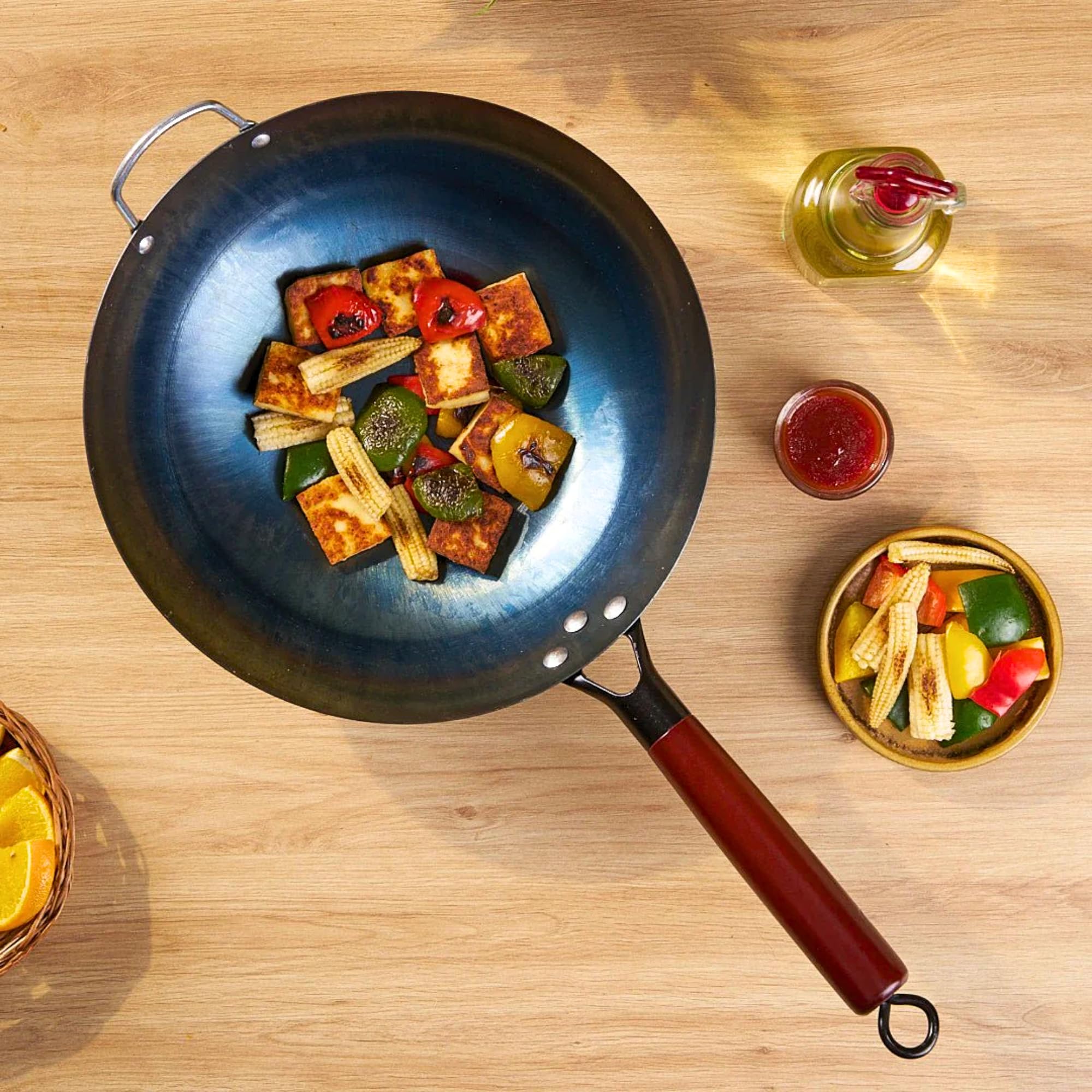 HomeEssentials Heavy Duty Iron Pan With Wood Handle, Chinese Wok With Handle 10Cm X 30Cm, Non-Coated & Non-Stick, Gas Stove Compatible, Black