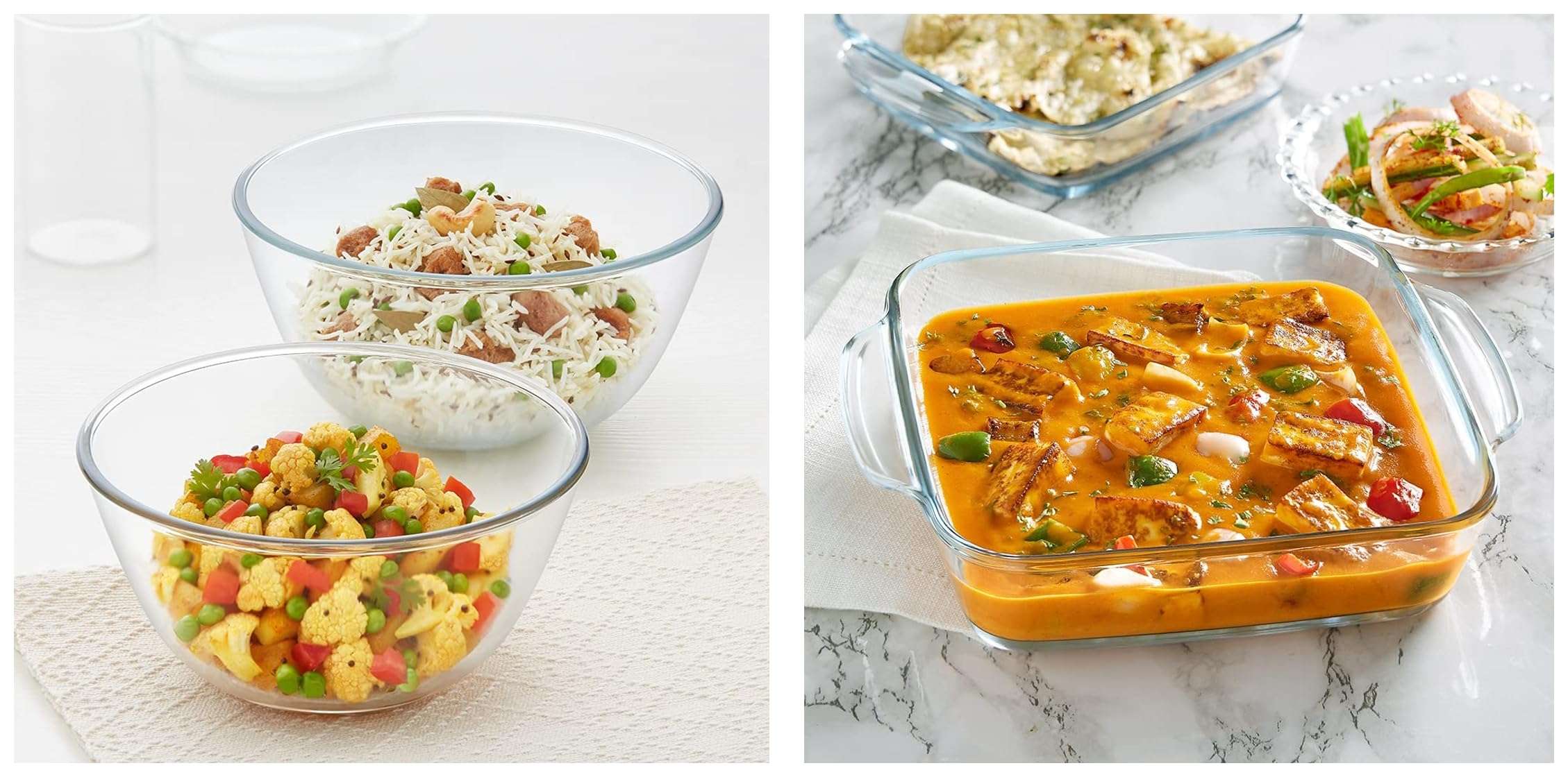 Borosil Glass Mixing & Serving Bowls, Oven & Microwave Safe Bowls, Set of 2, (1.3 L, 1.7 L), Borosilicate Glass, Clear Glass Baking Dish, 1.6 L, Transparent, 1 Piece Square Dish with Handle