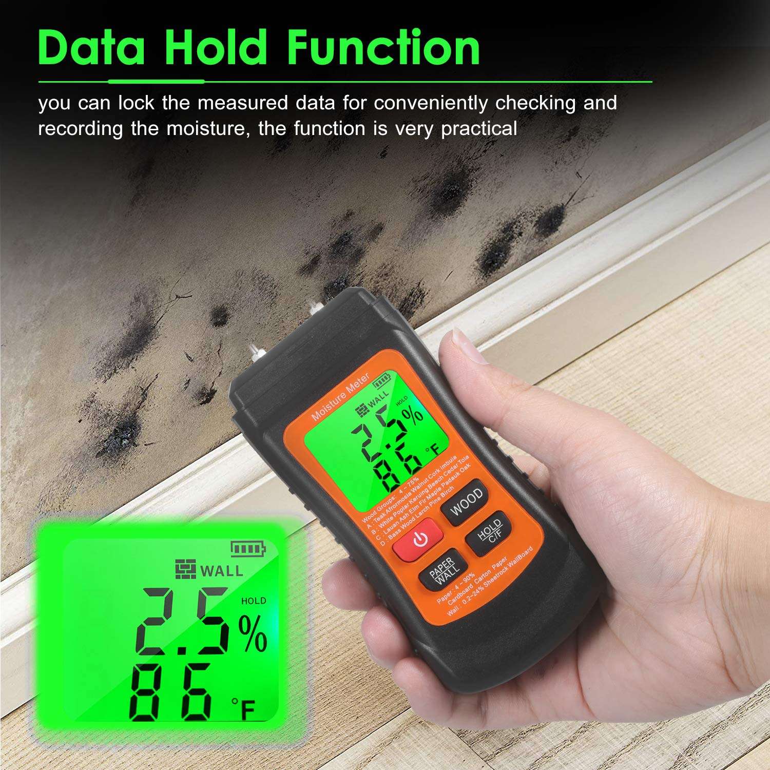 Moniel Wood Moisture Meter LCD Digital Damp Moisture Tester with Green Backlight Pin Type Water Leak & Moisture Detector with Wood & Paper & Wall 3 Modes Data Hold ℃/℉ Temperature Meter for Wood Wall 6
