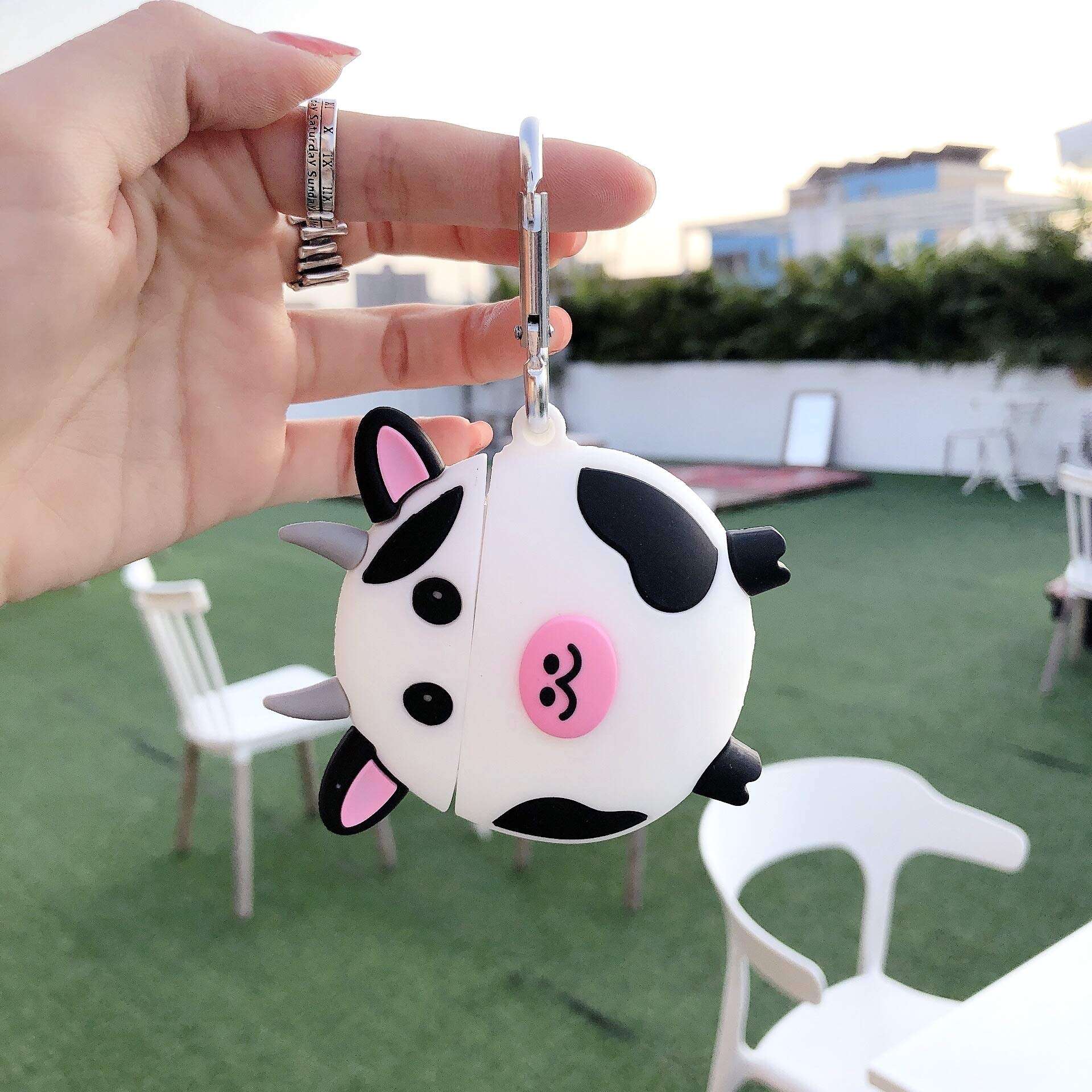 Airpods Case Cow, Cute Cartoon Kawaii Cool Funny 3D Animal Skin Soft Silicone Airpod 2&1 Case Cover with Keychain Gift for Kids Teens Boys Girls Men Women 5