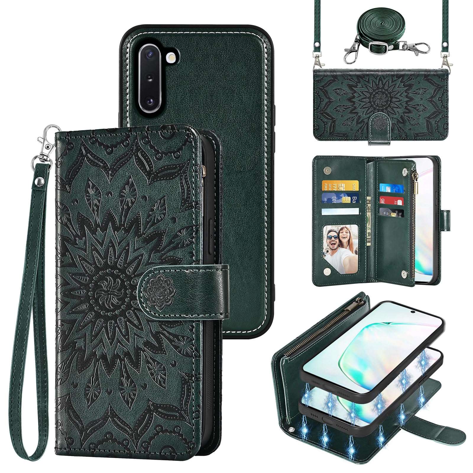 Asuwish Phone Case for Samsung Galaxy Note 10 5G Zipper Wallet Magnetic Detachable Cell Cover with Screen Protector Crossbody Lanyard Strap Flip Card Holder Slot Note10 6.3" (2019) Men Dark Green