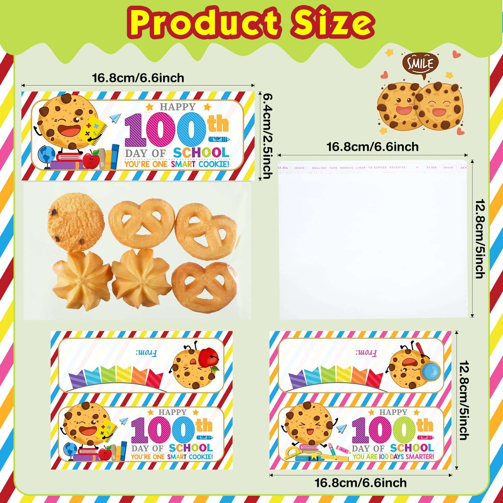 46 Set Happy 100th Days of School Treat Bag Toppers and Cards Set Self-adhesive Goodies Baking Wrapping Bags for Student Happy 100th Days of School Party Supplies(School) 3