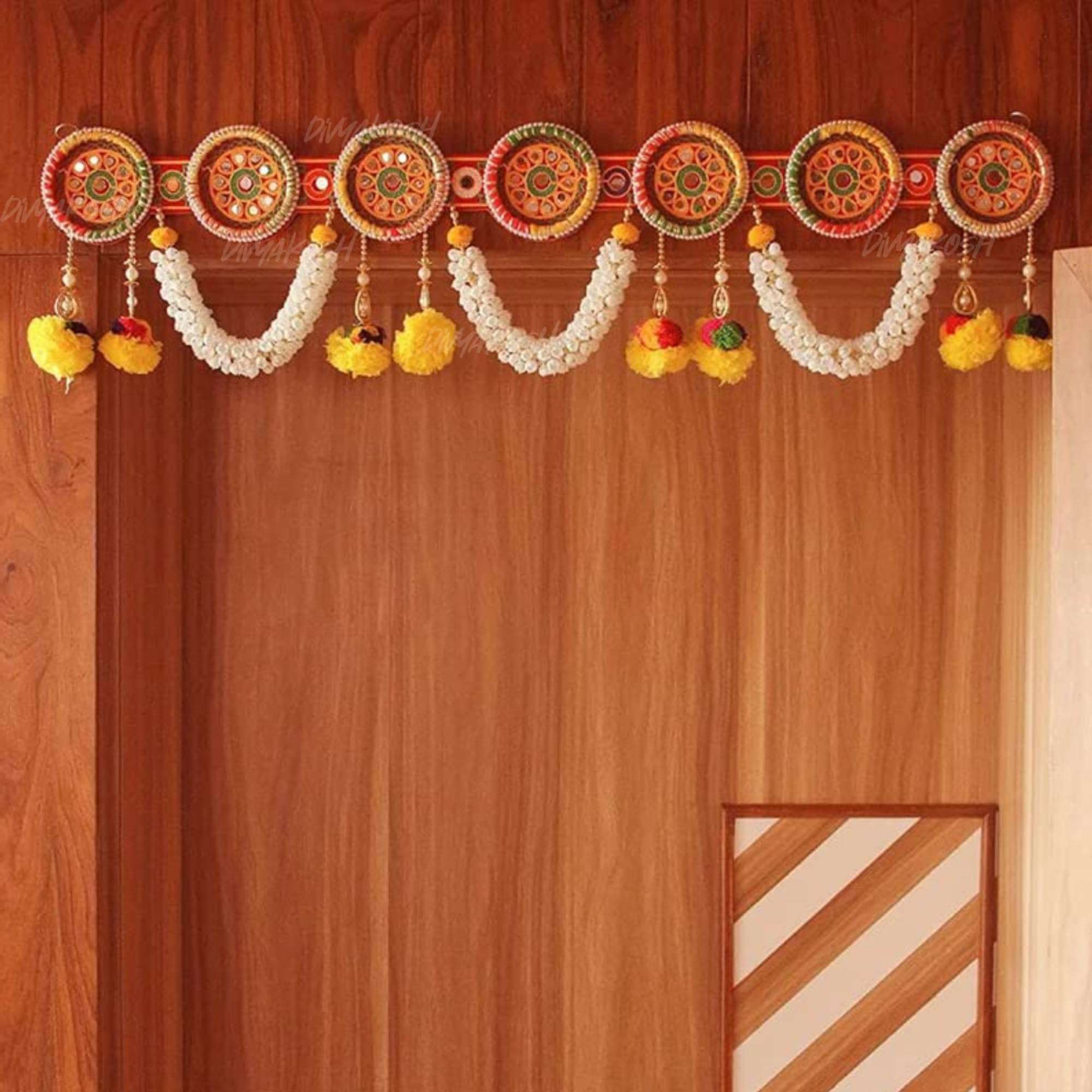 Divyakosh Toran/Bandanwar for Home Decoration and Office, Round Embroidery Work and Pom Pom Mogra Flower Toran Decoration Hanging/Bandarwal/Toran for Door | Size 38 Inch | 4