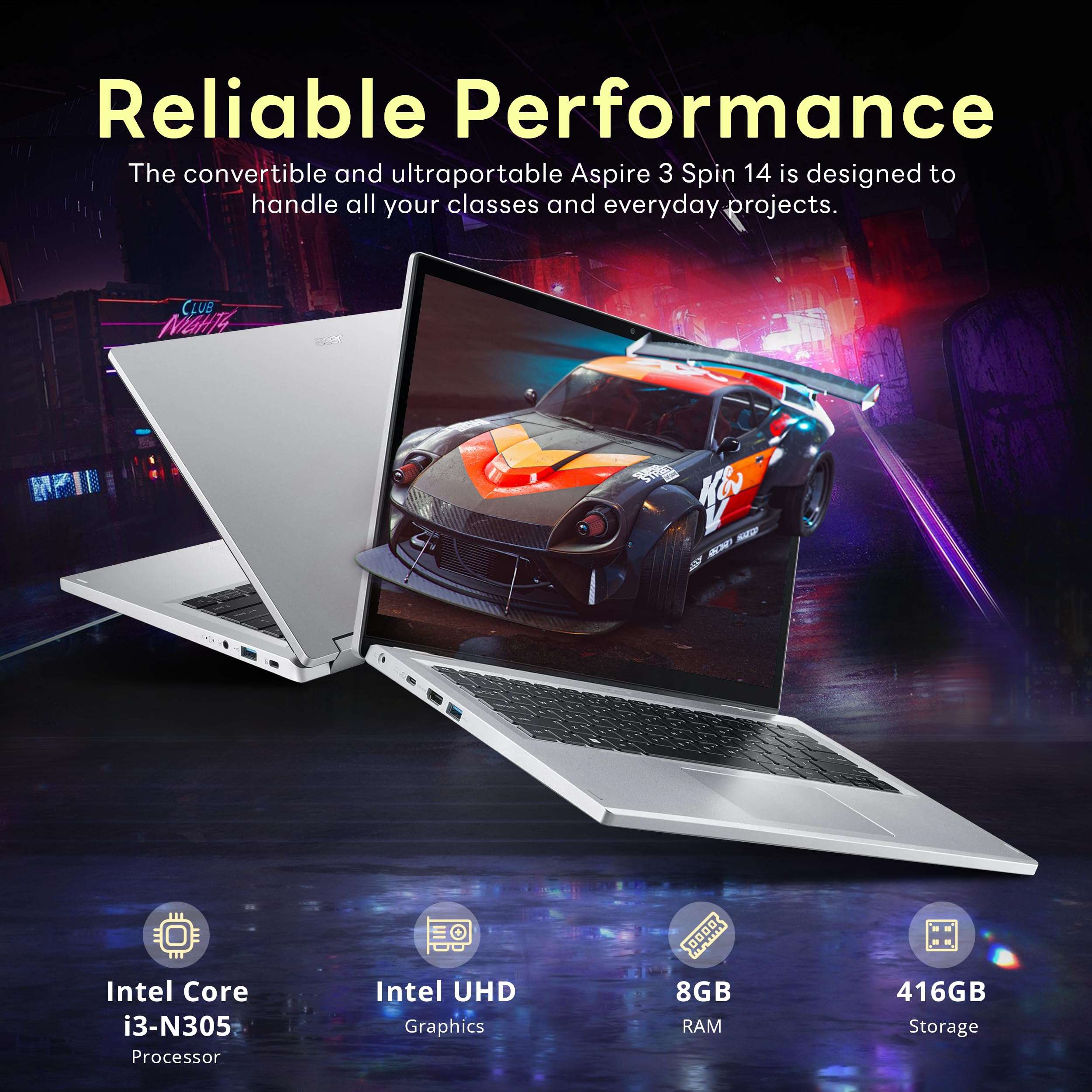 acer Aspire 3 Spin 14" 2-in-1 Laptop, WUXGA(1920 x 1200) IPS Touchscreen, Intel i3-N305, 8GB LPDDR5x, 416GB Storage(256GB SSD+160GB Docking Station Set), Wi-Fi 6, Webcam, Win 11 S, Silver 3