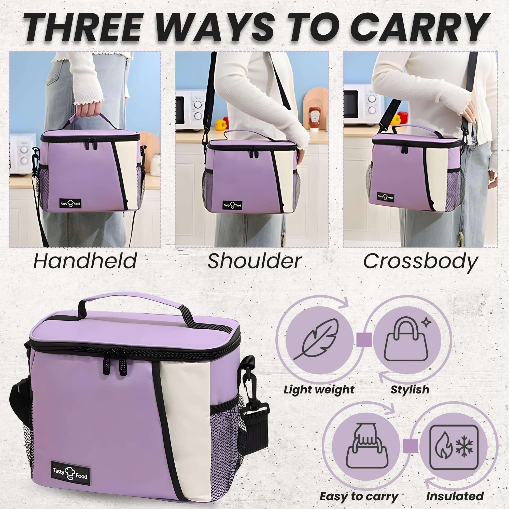 OCEANEVO Insulated Lunch Bag with Luggage Tag, Tiffin Bag for Office with Handle and Shoulder Strap for Men and Women - 25 x 17.5 x 20 Cm - Purple 6