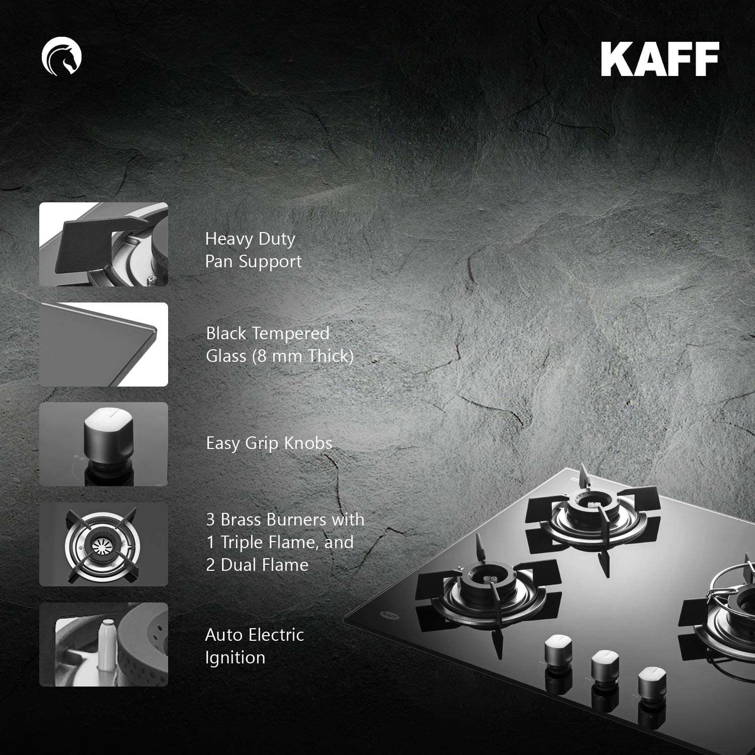 Kaff HBR 603 Brass Auto Ignition 3 Burner Hob (60 cm, Black) 3