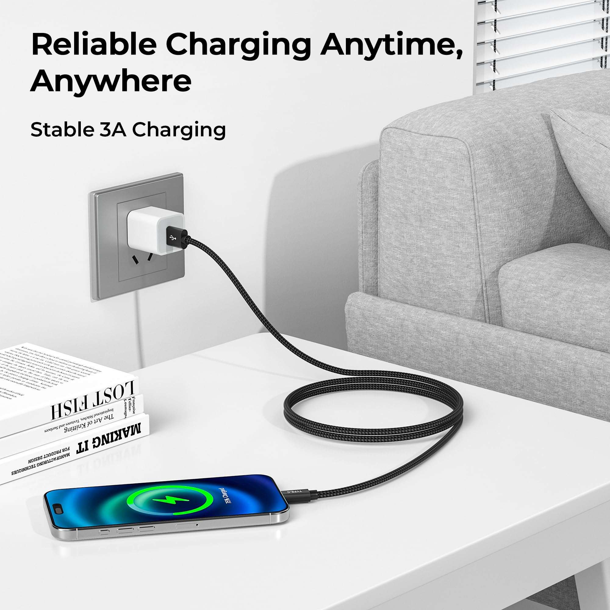 Basesailor USB Type C Charger Cable 3.3FT 2 Pack with USB C to Type C 100W Cable 6.6ft/2Pack for iPhone 15 Max,MacBook,iPad Pro 10 10th Air 4 5th Mini 6 6th Gen,Samsung Note S24 S23 S22,Tab 5