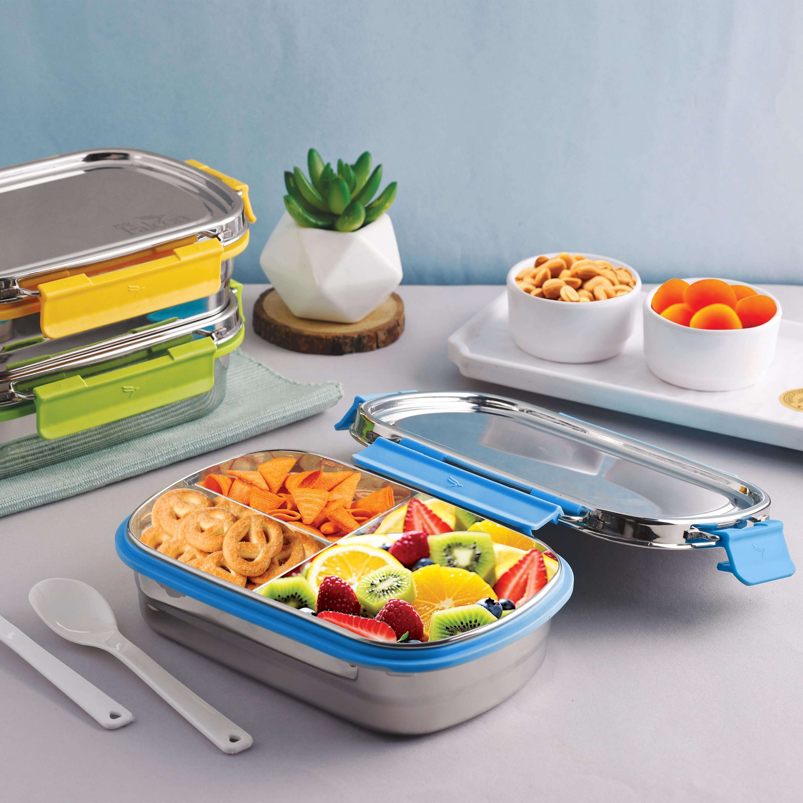PDDFALCON Stainless Steel Munch Trio Lunch Box with 3 Compartment, 100% Leak-Proof, BIS Certified, Jindal Seal & Made in India Bento Box - 750ml (Turkish Blue) (Not Leakproof Internally) 3