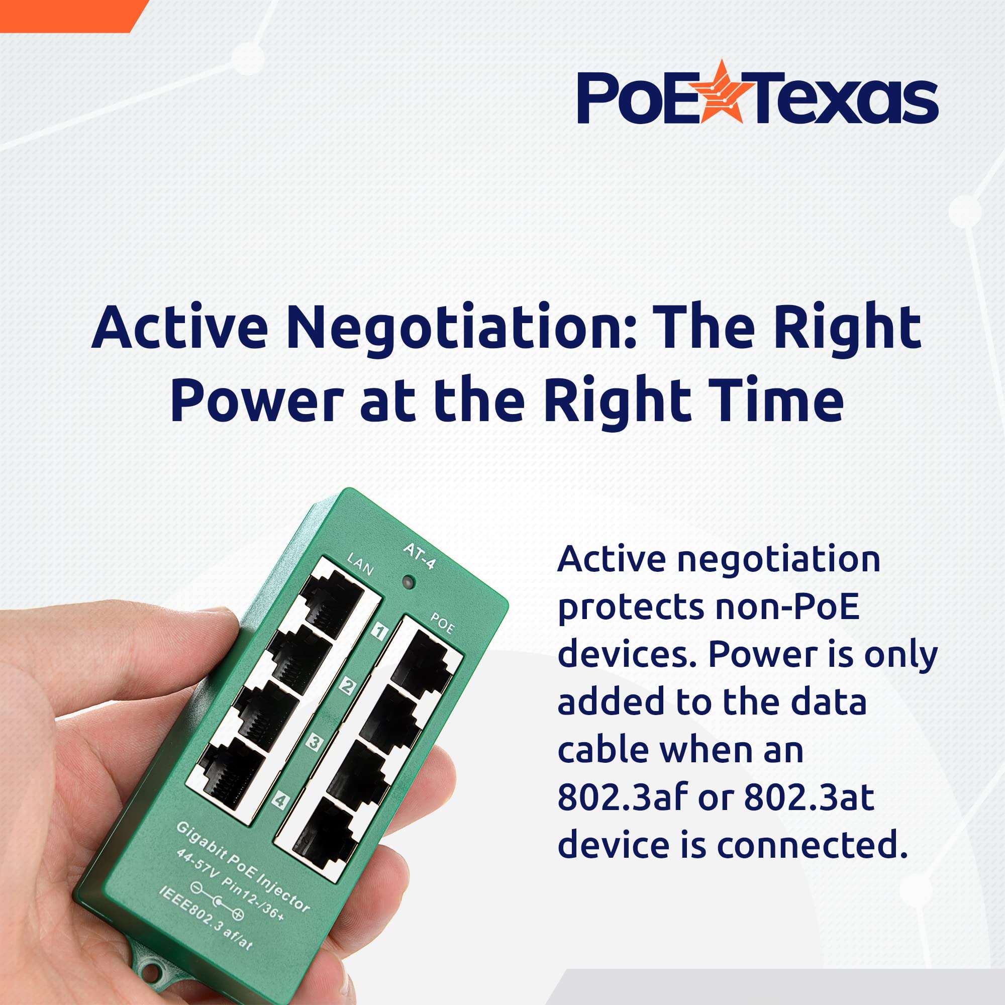 PoE Texas 4 Port PoE/PoE+ Injector with 56V 120W Power Supply - Gigabit Injector - Active Mode A Power Over Ethernet Multi Port PoE Adapter - Supports 4 PoE (802.3af or at) up to 120 watts 5
