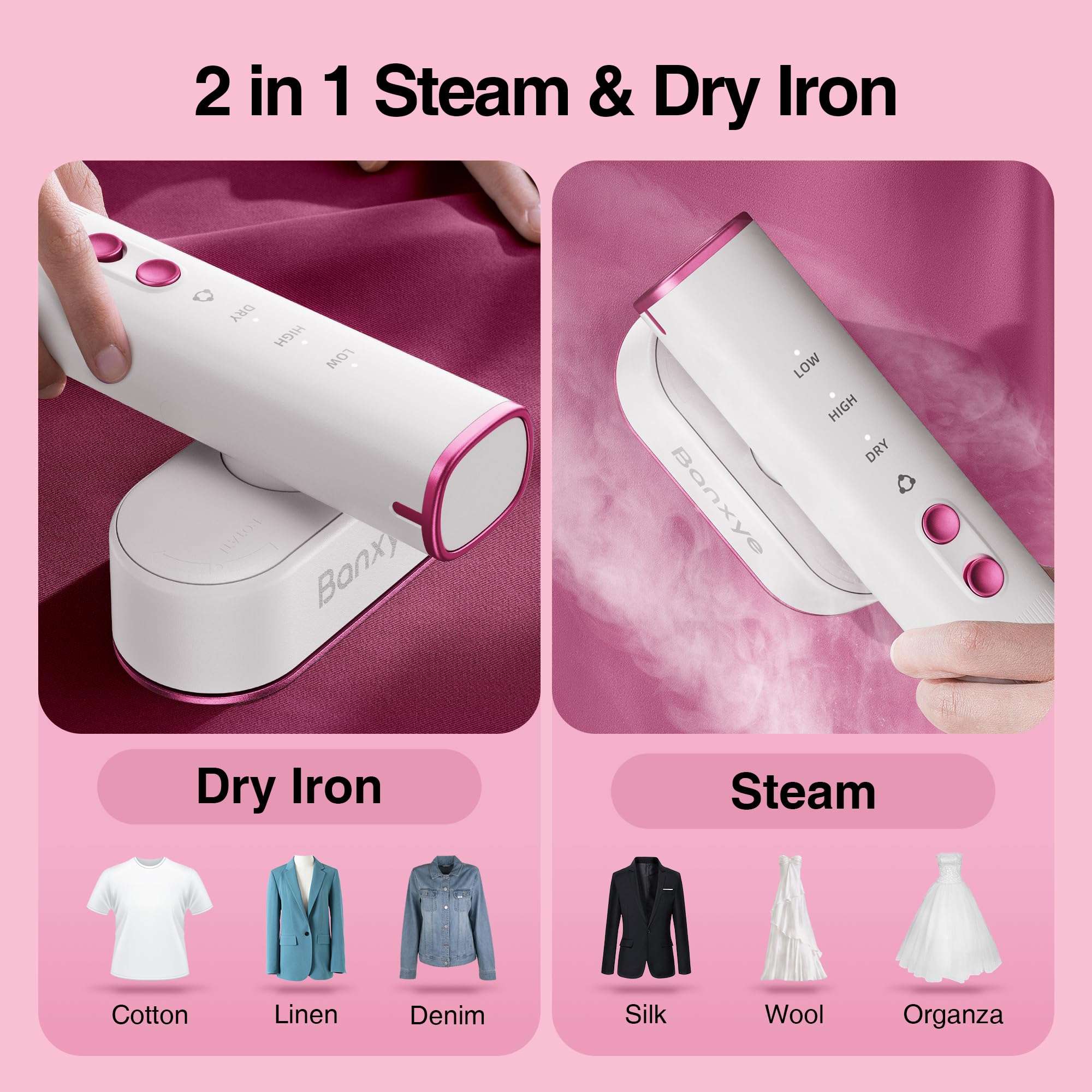 Banxye Portable Clothes Steamer, 100-240V Dual Voltage Garment Steamer, 1000W Travel Steamer, 30s Fast Heat Up, 10 Minutes Continuous Steam, Ceramic Panel Steamer Iron for Travel & Home Use (Rose Red) 6
