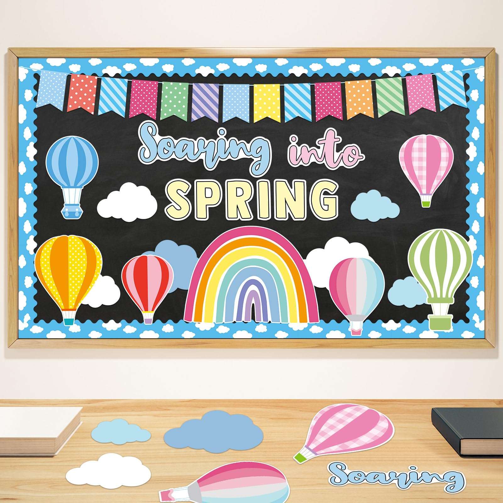 ZOIIWA Soaring into Spring Bulletin Board Decorations Spring Classroom Bulletin Board Borders Hot Air Balloon Rainbow Cutouts for Back to School Birthday Party Supplies School Home Office Wall Decor 4