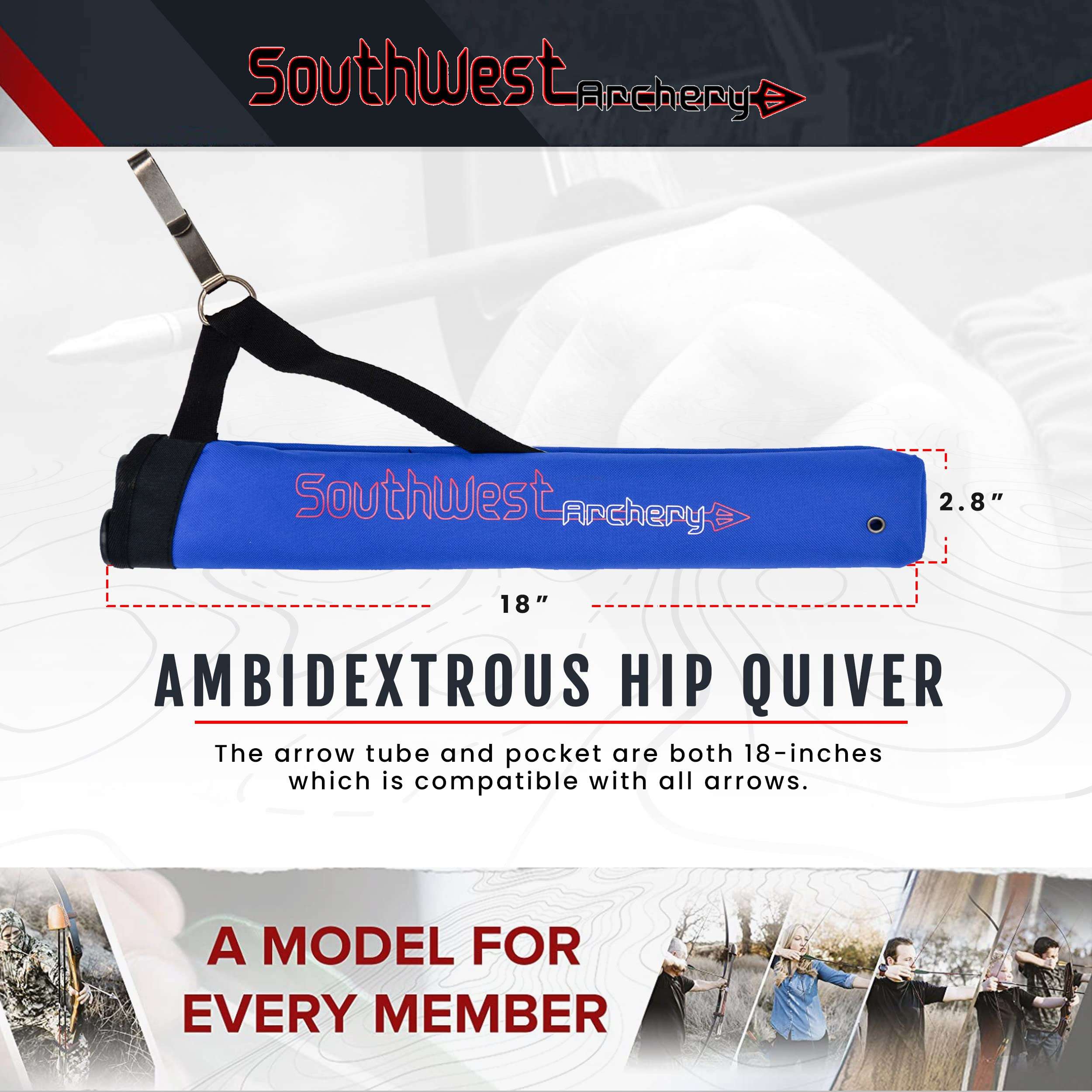 Southwest Archery Universal Hip Quiver - Two Removable 18 inch Arrow Tubes - Clips on to Your Belt – Right and Left Handed - Blue 4