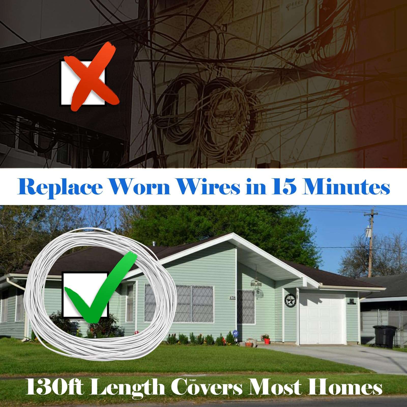 ​​130FT Garage Door Sensor Wire - 2-Conductor 24/2 AWG Bell Wire for Openers, Doorbell, Thermostat & Security Systems, Compatible with Chamberlain/Craftsman Liftmaster Cables​​ 4