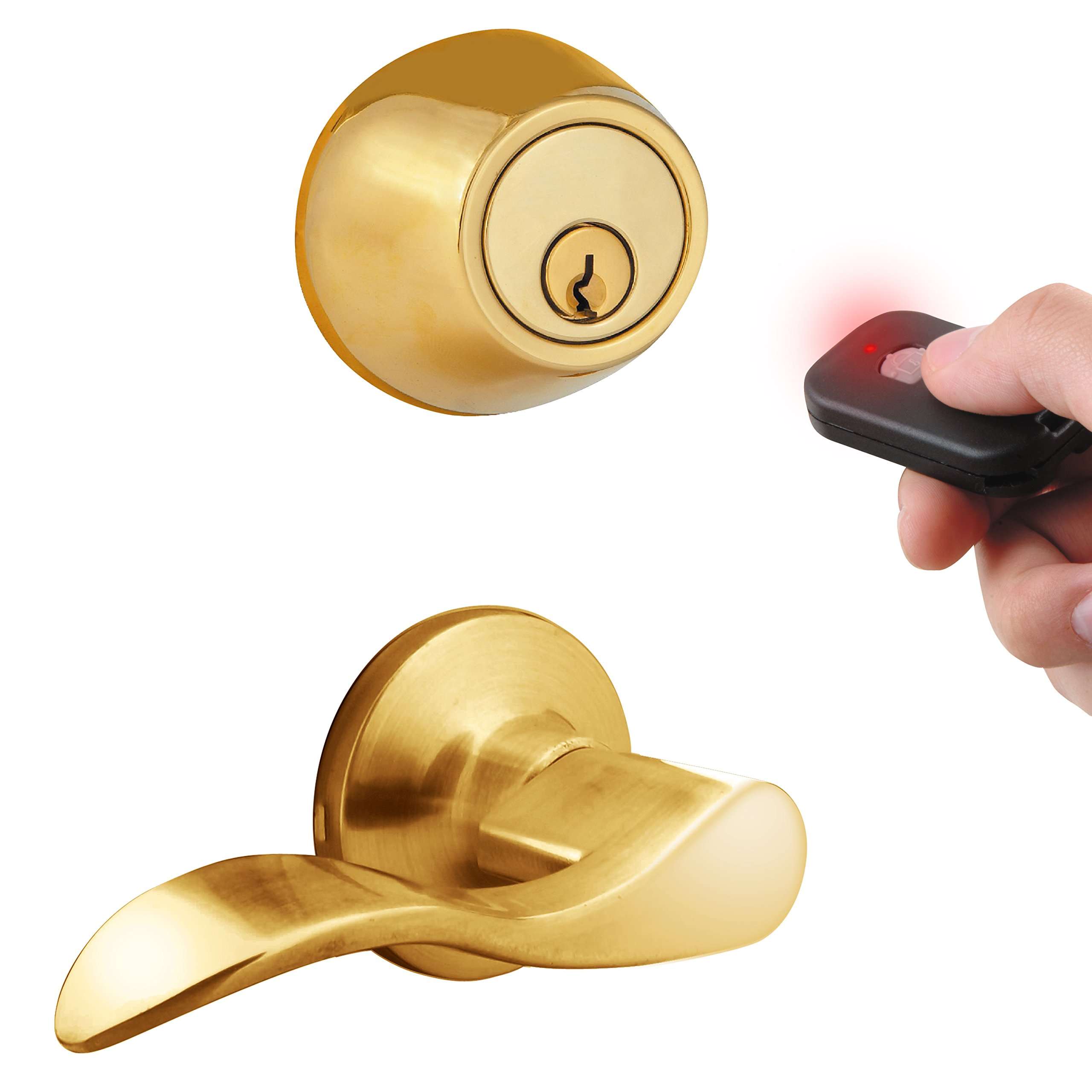 MiLocks WFL-02P Digital Deadbolt Door Lock and Passage Lever Handle Combo with Keyless Entry via Remote Control for Exterior Doors, Polished Brass