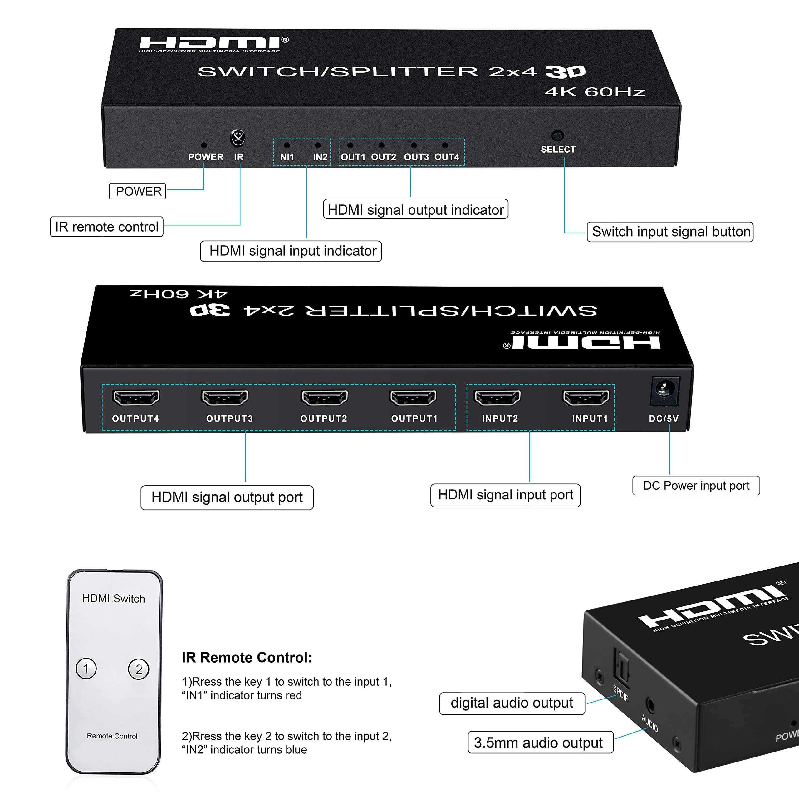 4K@60Hz HDMI Audio Extractor Splitter Switcher 2 in 4 Out with Remote, MOYOON 2-Port HDMI Switch with SPDIF Audio 3.5mm, Support 4K, 3D, HDMI2.0, HDCP2.2 for HDTV Blu-Ray, Fire Stick, Xbox, PS5 6