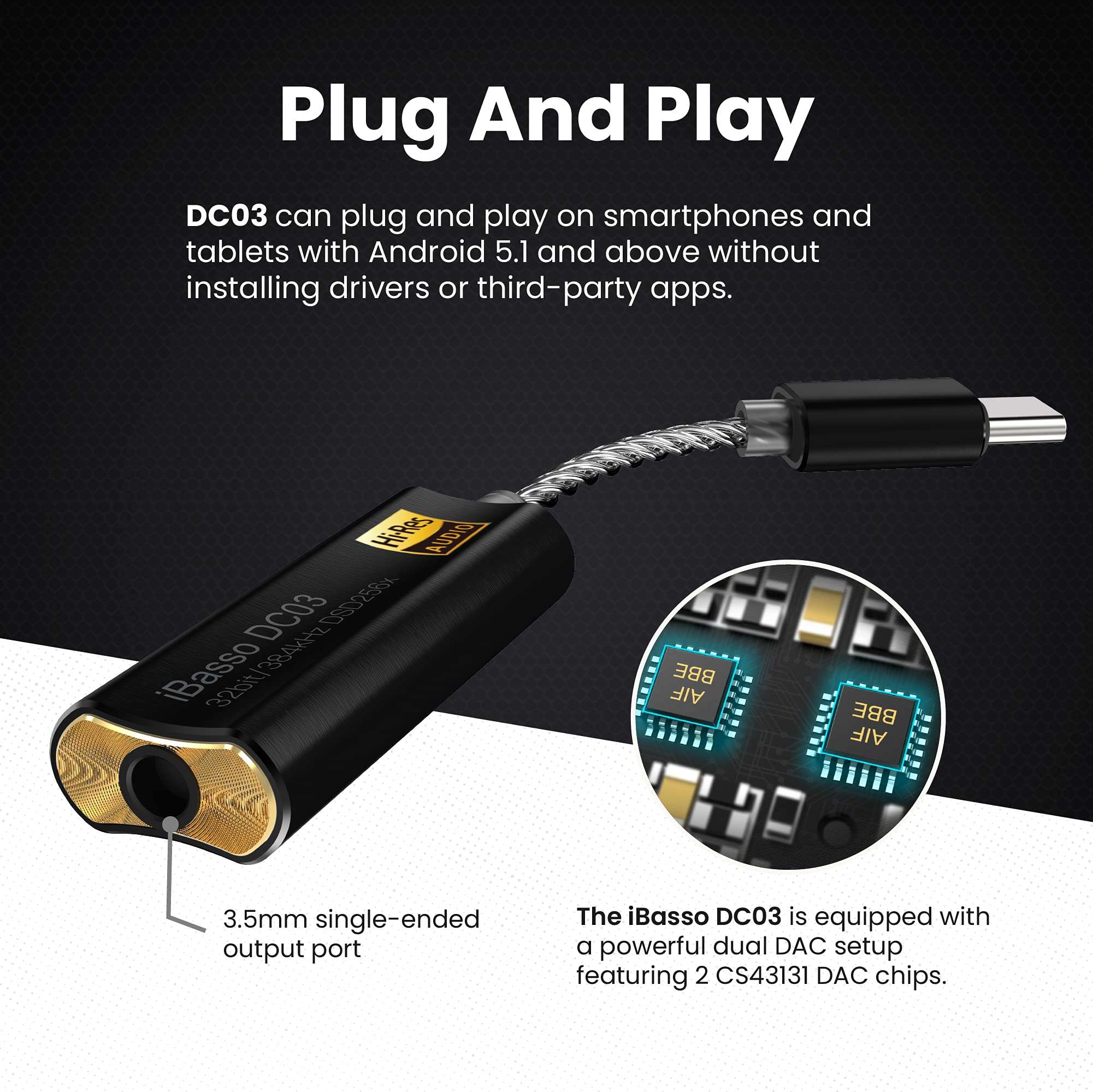 iBasso DC03 Portable USB DAC/Headphone Amp, USB-C to 3.5mm Audio Adapter, Silver 2