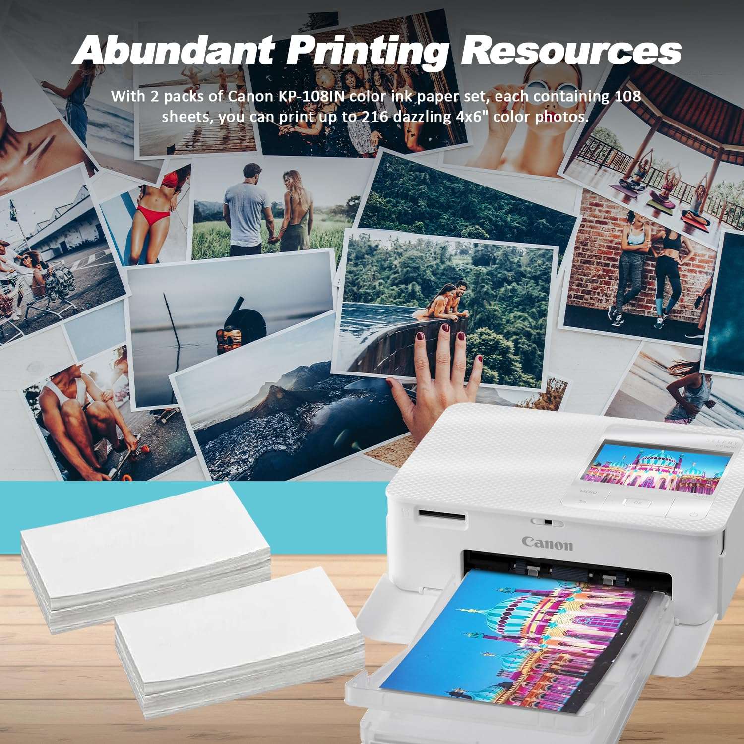 Canon Selphy CP1500 Wireless Compact Photo Printer (Black) with 2-Pack KP-108IN Color Ink Paper Set (216 Sheets of 4x6 Paper + 6 Ink Cartridges), Power Adapter & Deluxe Album 6