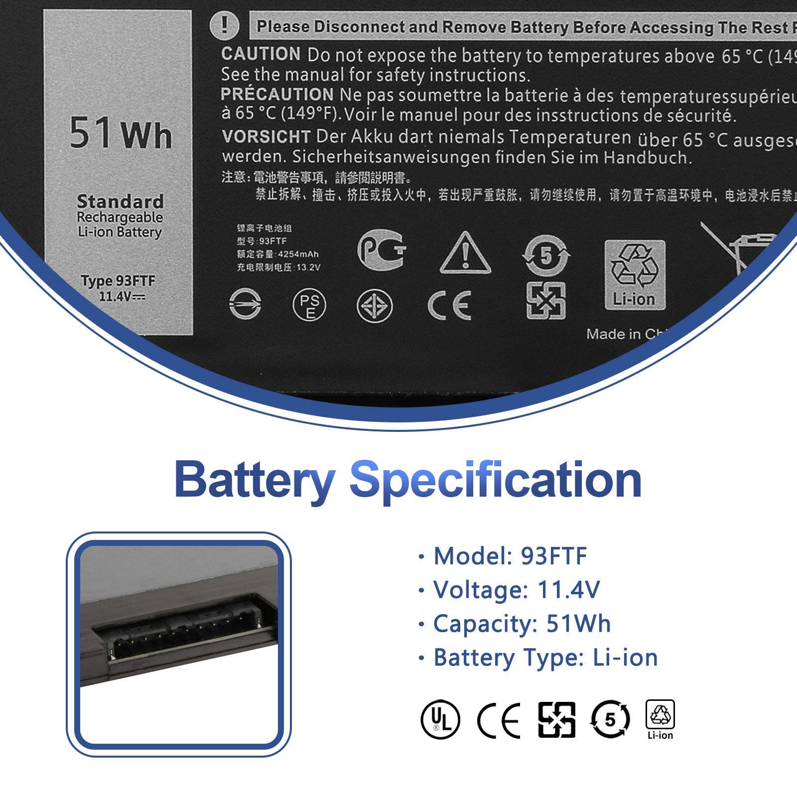 ANTIEE 51Wh 93FTF Laptop Battery Replacement for Dell Latitude 5280 5480 5580 5590 5490 5288 5290 5488 E5280 E5480 E5580 E5490 E5590 E5290 Precision 15 3520 3530 Series D4CMT 4YFVG 83XPC 083XPC 2