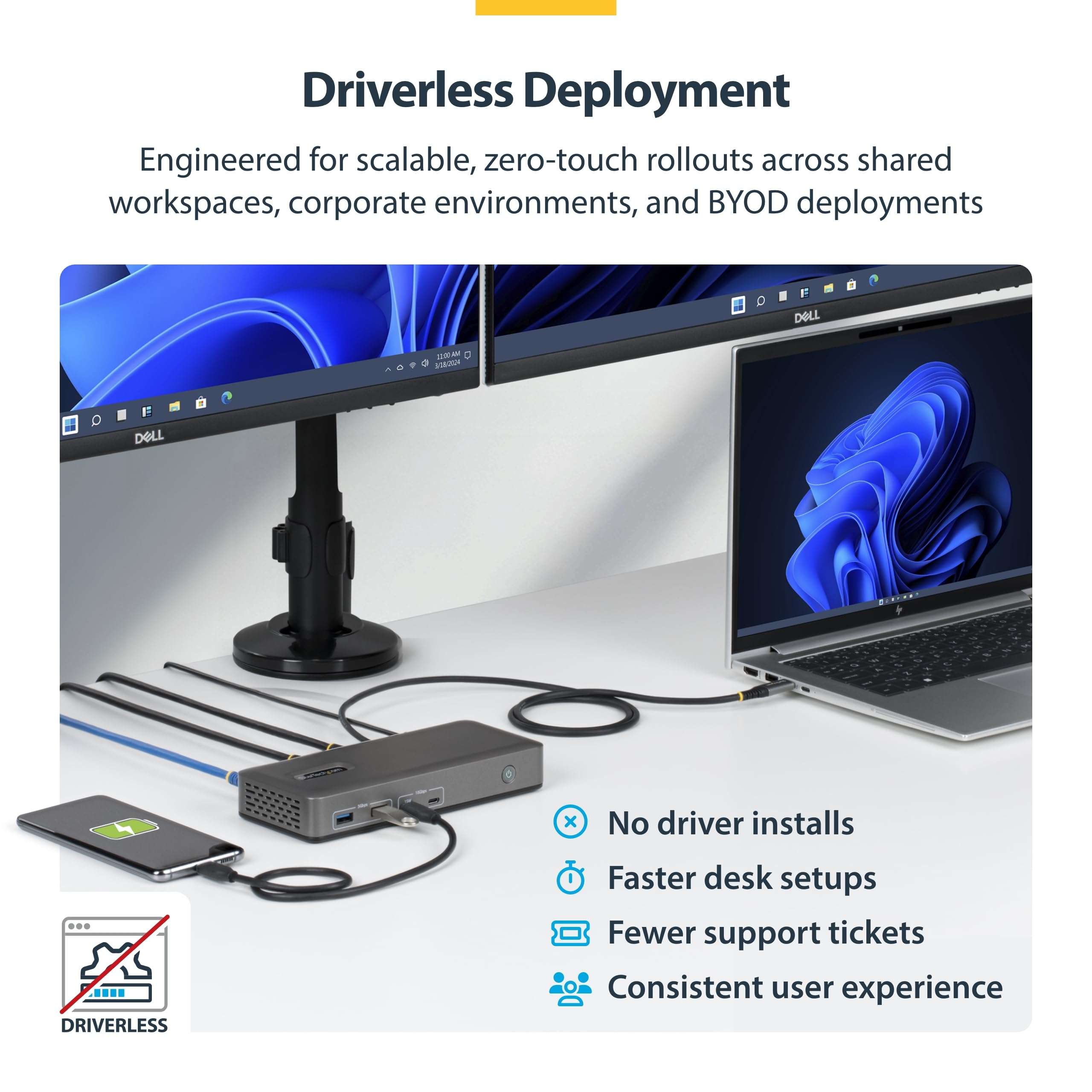 StarTech USB-C Docking Station for Dual Monitors, Dual 4K 60Hz HDMI, 100W Power Delivery Charging, 6 USB Ports (10Gbps), Gigabit Ethernet, Driverless DP Alt Mode Windows Laptop Dock (196N-USBC-DOCK) 6