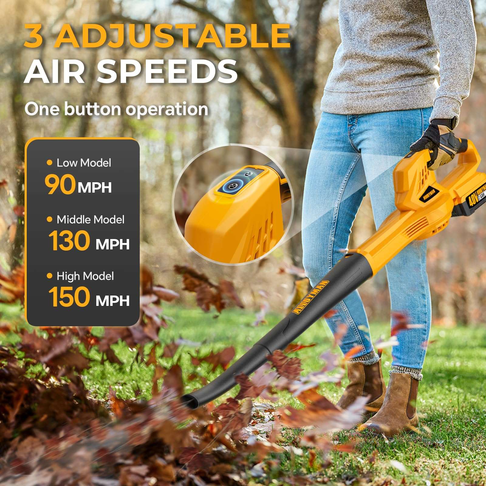 Alloyman 40V Max Cordless Leaf Blower, 130CFM150MPH Electric Leaf Blowers, with 2 * 2.6AH Batteries & Fast Charger, 3 Speed Mode Lightweight Mini Powered Leaf Blowers for Lawn Care/Snow Blowing 4