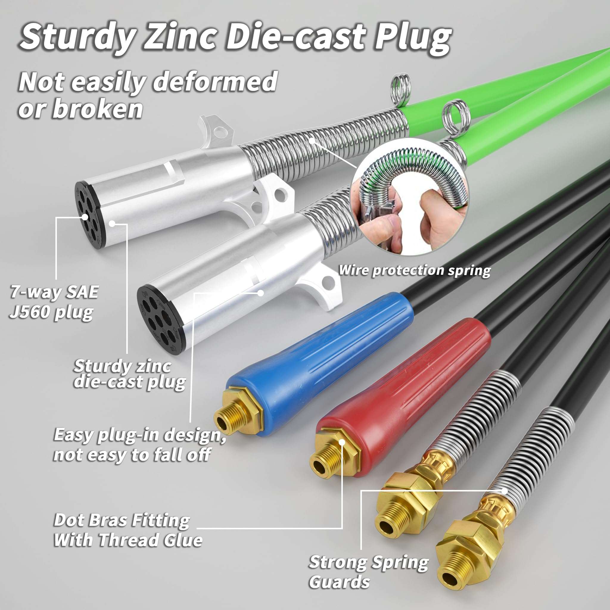 PlugSaf 12FT 3 in 1 Trailer Air Line Hose Kit Assembly with 7 Way ABS Electrical Power Cable Airline Hose Wrap for Semi Trucks Trailer Tractor 3