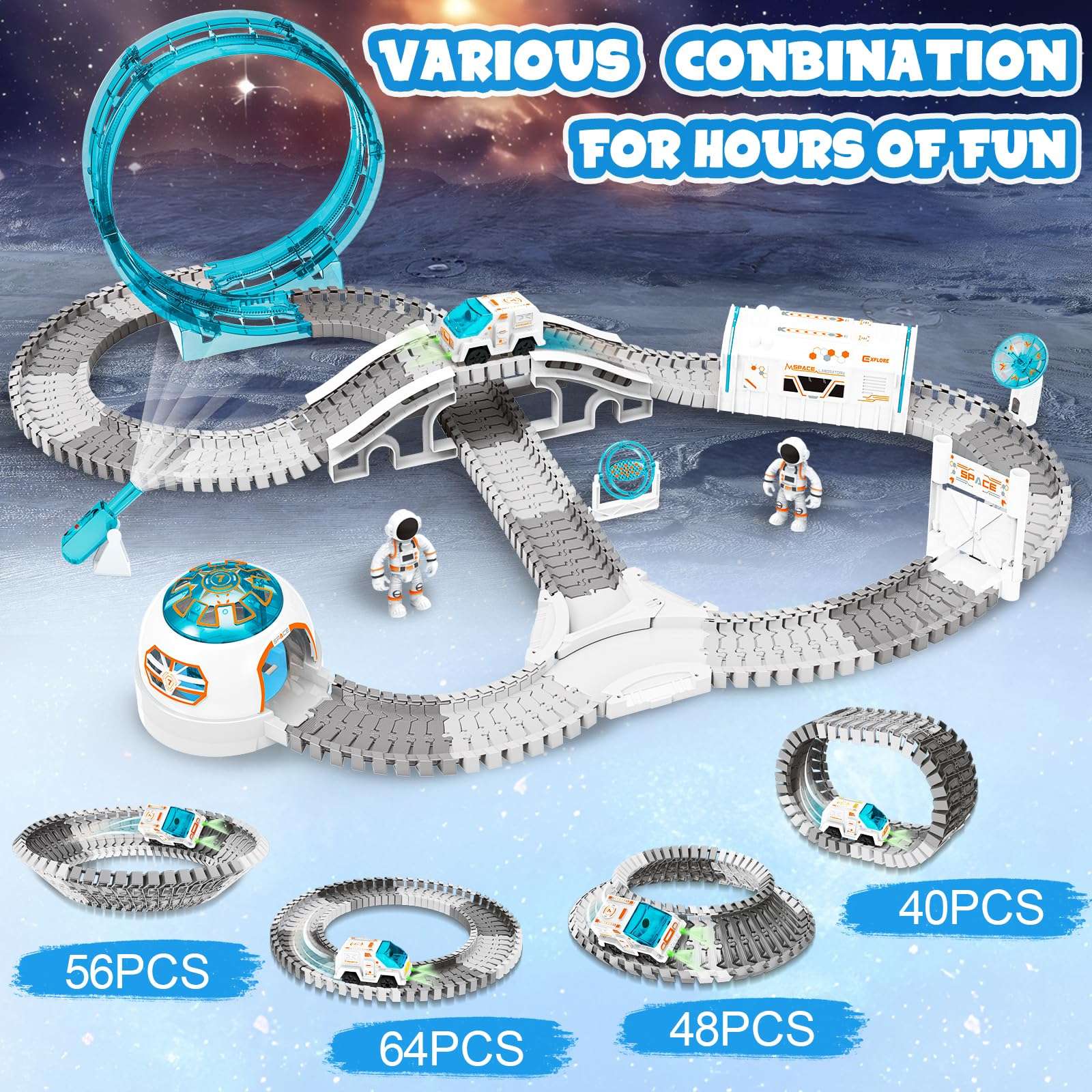 KIZJORYA Space Toy, 205 Pcs Electric Toys for Boys 4-7 with Space Car Station Astronaut Minifigures, DIY Train Set with Changeable Train Tracks, Birthday for Toddlers Kids Girls Age 3 4 5 6 7 8 9 10+ 4